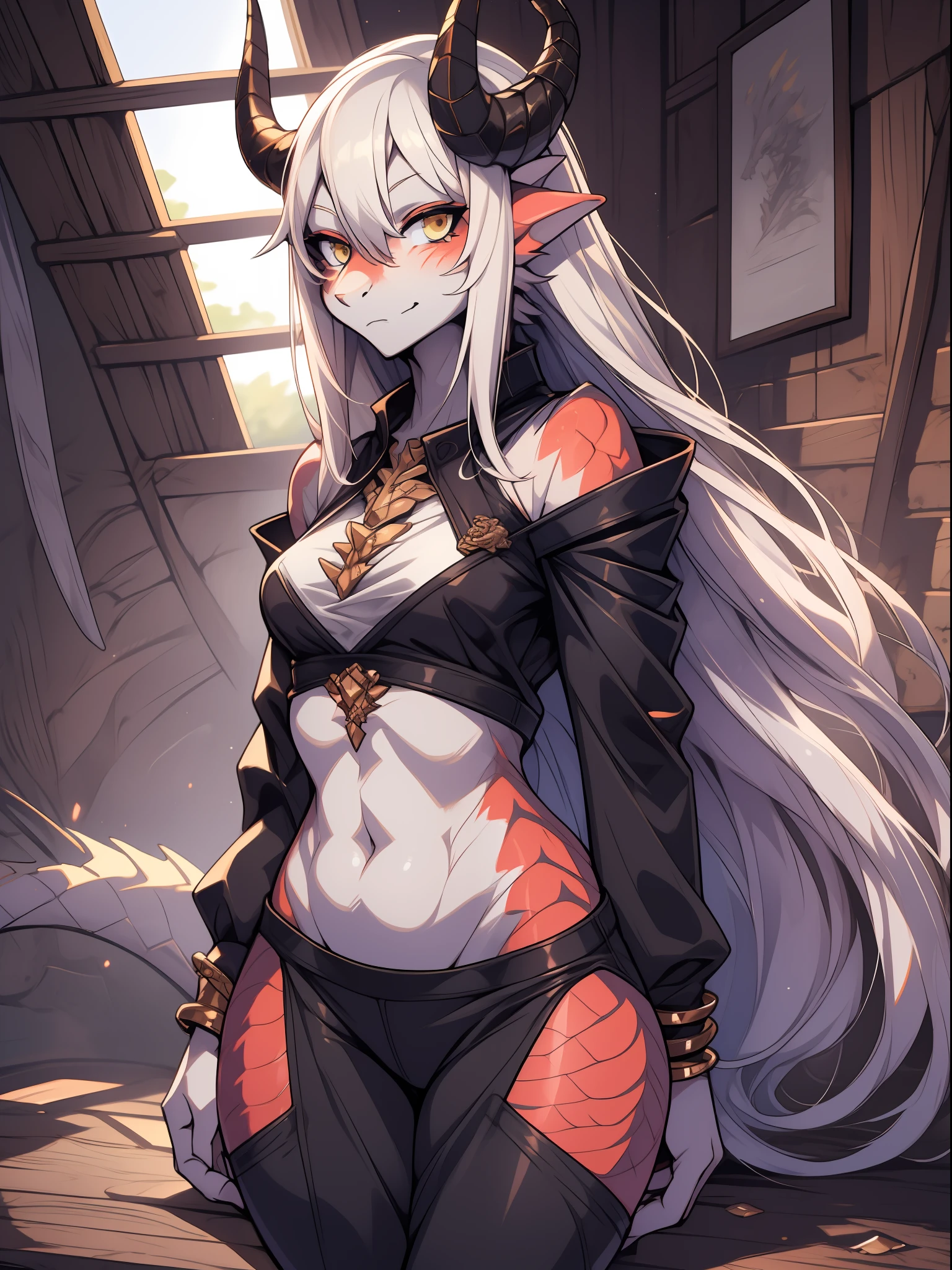(dragan), woman, antrum, 1girl, Alone, delicate body, slender body, far, small body, bracelets, multicolored hair, long hair, horns, dragon horns, anime style, high quality, best quality, flaking skin, in a realistic style room, scales, dark scales, leg with scales on the thigh, arms with scales, face with scales, dark skin, scaly skin, textured scales, closed clothes,  closed pants, white t-shirt, long sleeve blouse, black blouse,