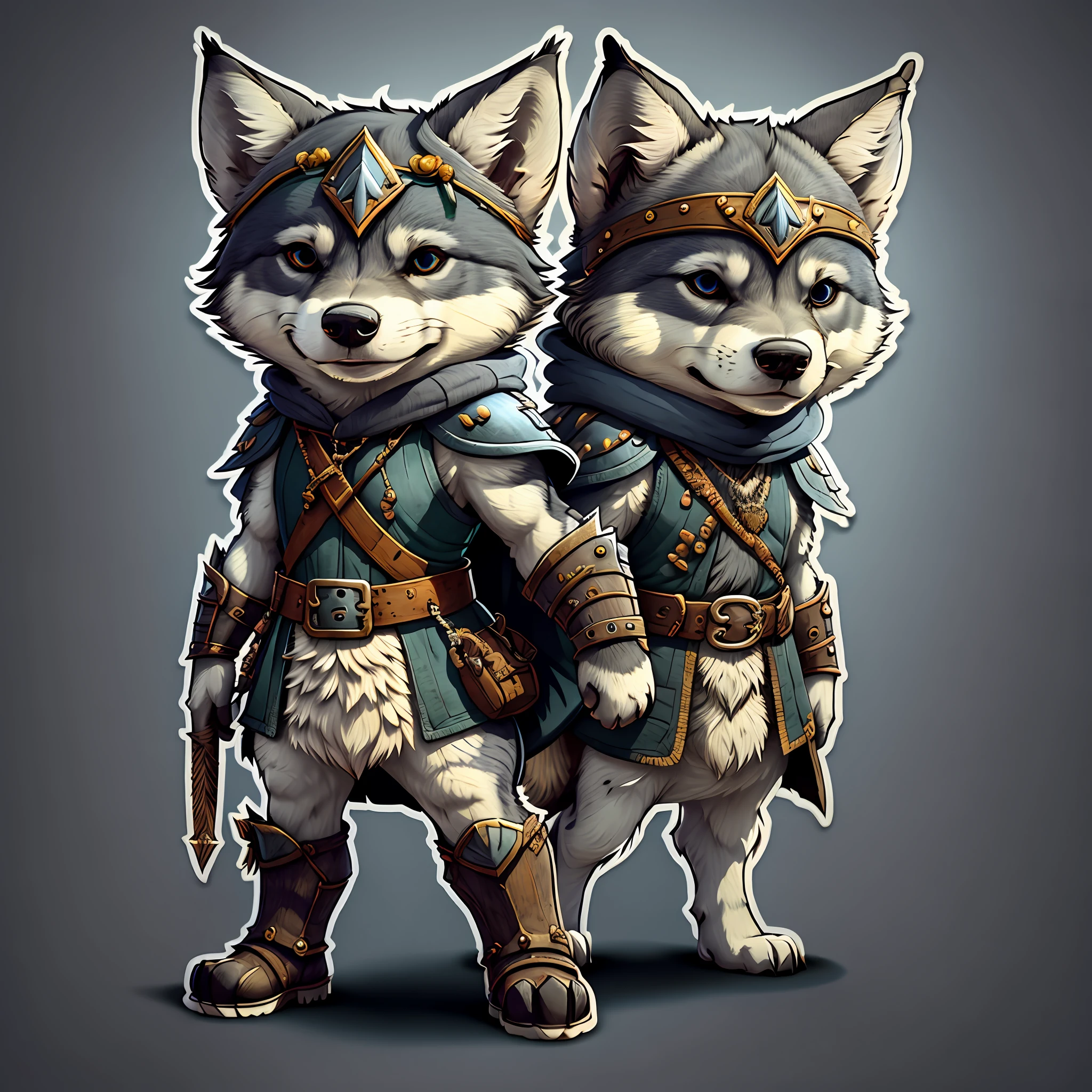 cute cartoon sticker of a wolf dressed as an fantasy warrior