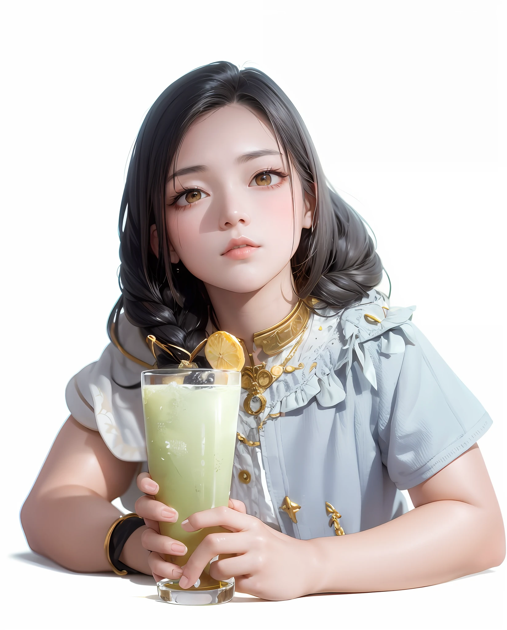 Excellent, masterpiece, black hair, golden eyes, white clothes, looking up, upper body, hair, fair skin, side braids
