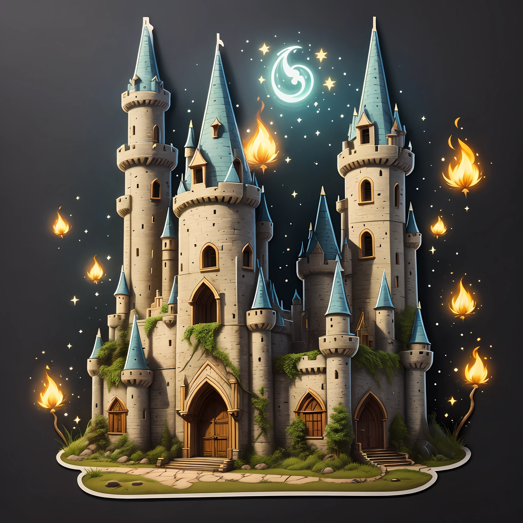 cute cartoon sticker of a fantasy castle with magic fire and plants