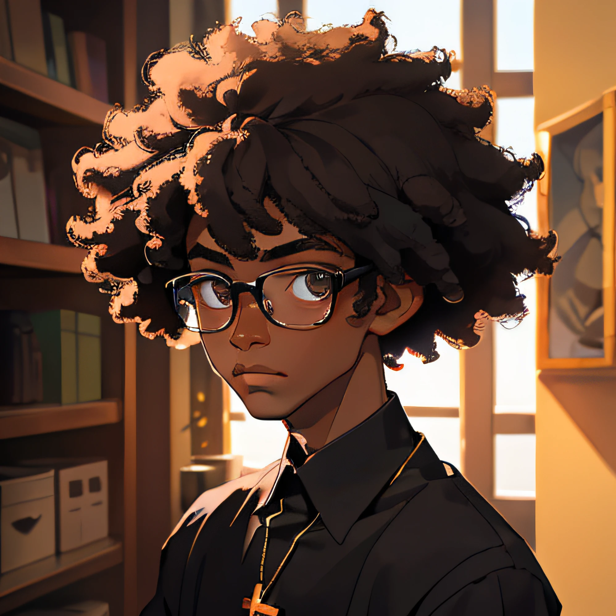 (masterpiece, best quality), 1boy, afro hair, looking at the viewer, blurred, upper body, rosary, glasses, black shirt, dark skin, black hair, sunlight, chubby