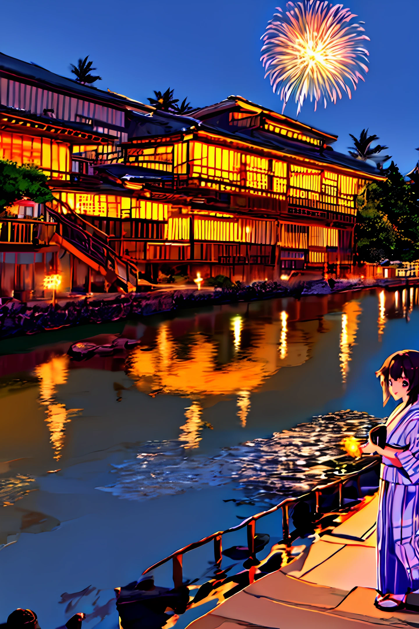 Night Spectacular Fireworks Riverbed Cute Yukata Girl Standing On the Riverbed