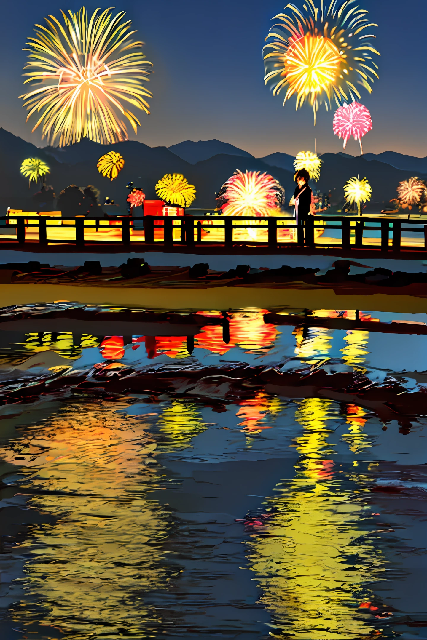 Night Spectacular Fireworks Riverbed Cute Yukata Girl Standing On the Riverbed