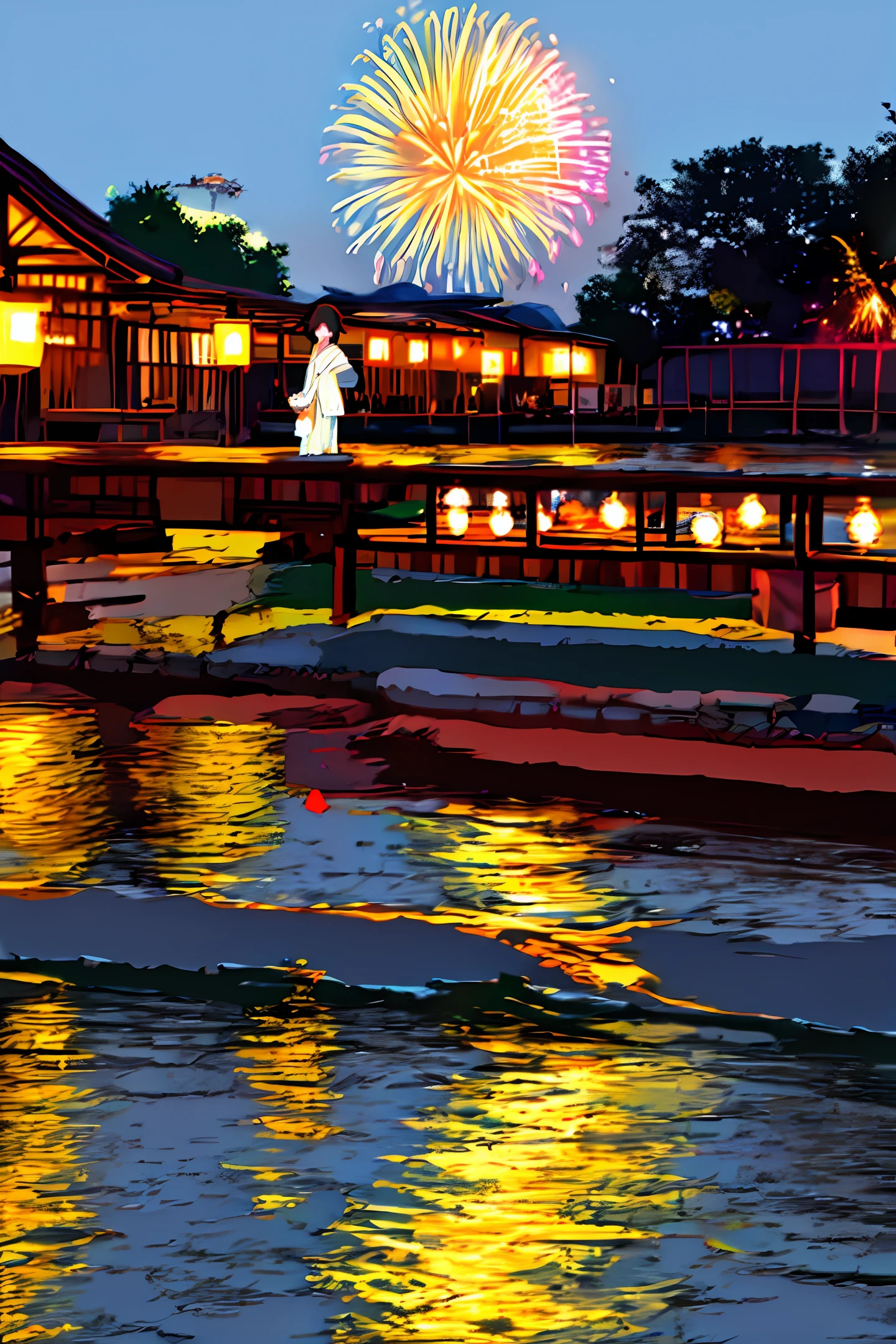Night Spectacular Fireworks Riverbed Cute Yukata Girl Standing On the Riverbed