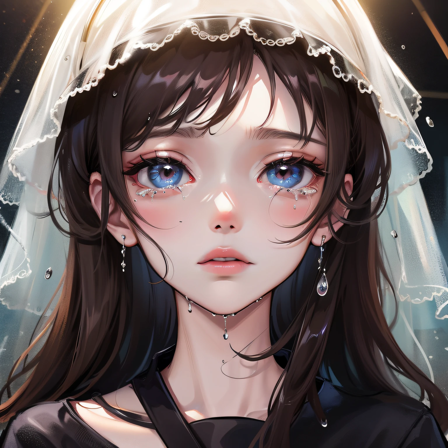 A teenage woman, crying for love, on top of a building, heavy raindrops falling, wet clothes, wet hair, clear face, lonely, tears, eye reflection, tears, tears, ray tracing, reflected light, chiaroscuro, cinematic lighting, close up, masterpiece, best quality, high detail, high resolution, ccurate, textured skin, high quality, UHD, HD