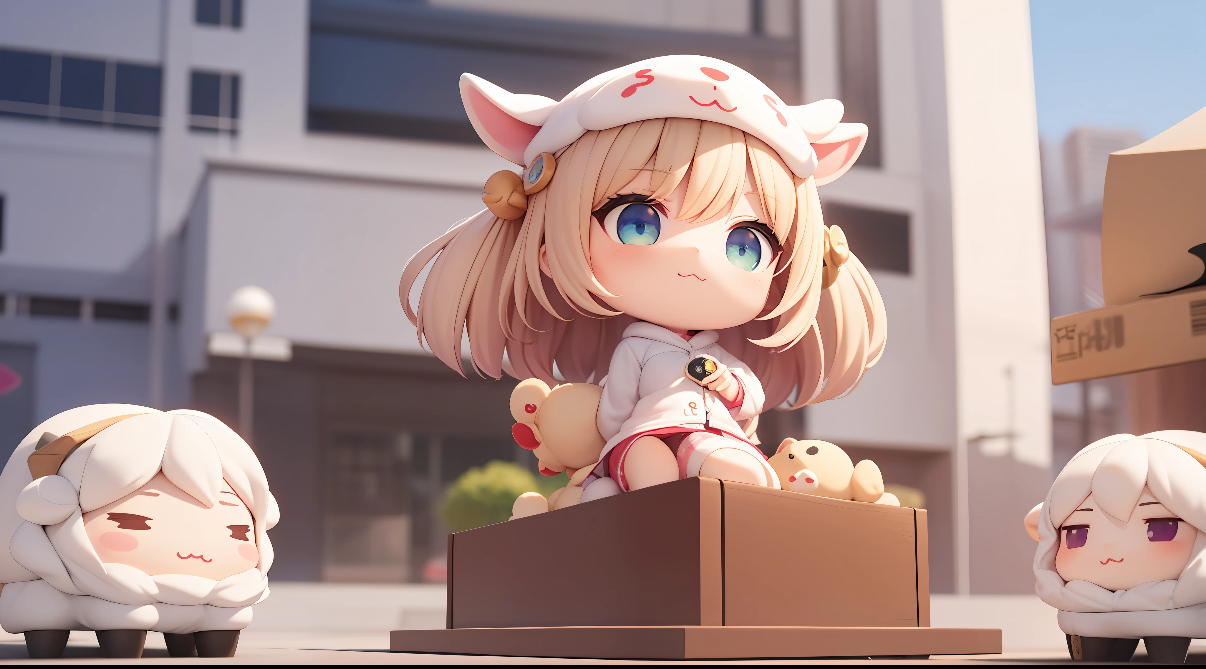 PopMart blind box IP, Chinese zodiac, super cute girl wearing sheep hoodie , technological elements, fashionable clothes, streamlined 3D/C4D production: 8K HD picture quality/lighting/ultra-fine lens depiction 1.5, flawless, chibi background/cinematic sense.