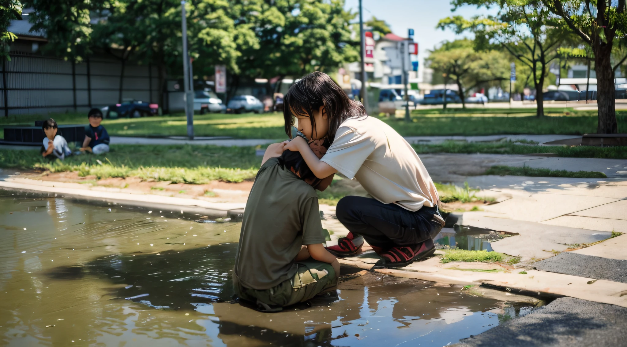 Photos, (Photorealistic: 1.4), (Hyperrealistic: 1.4), (Cinematic: 1.5), Children, Poor, Two, Japan, 6 years old, Brothers, Park, dirty T-shirt, Brother is looking into the distance, squatting, (saturation: 30%), (High quality face: 2), puddle, reflection,