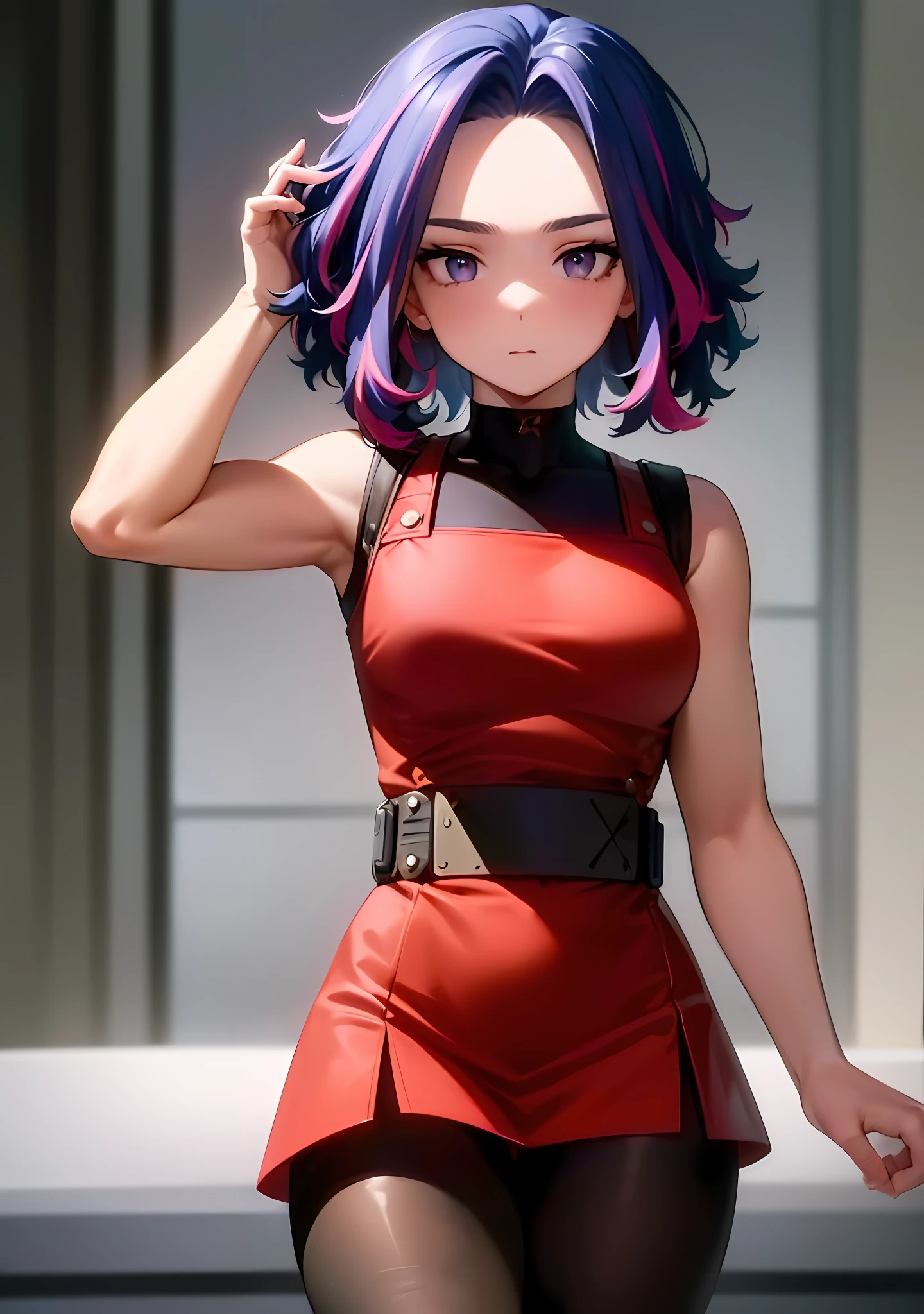 1 girl, alone, multicolored hair, purple hair, purple eyes, looking at the viewer, lady nagant, boku no hero academia, masterpiece, high resolution (extremely detailed unity 8k CG wallpaper: 1.1), short hair, hand on one's own hair, detailed fingers,, thigh spacing, pantyhose with thigh band,, (portrait, front, POV, looking at the viewer,  upper body: 1.3)