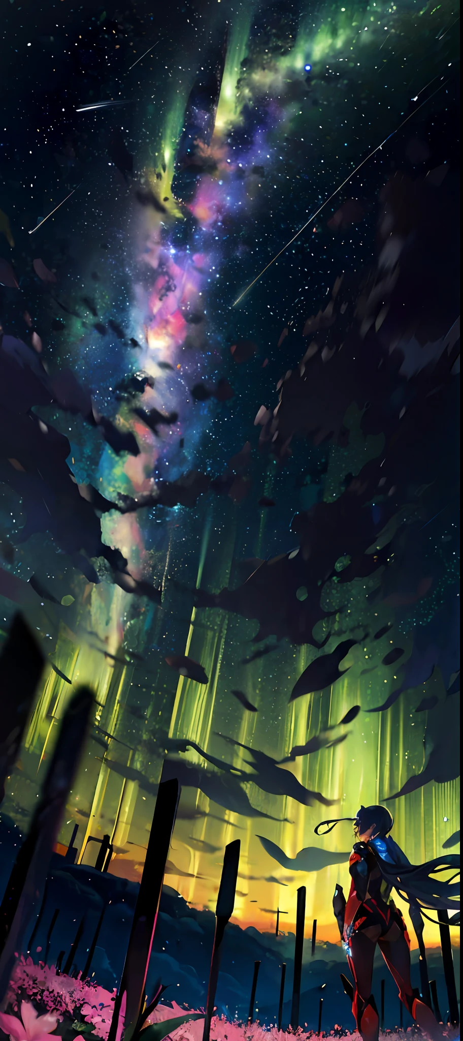 1girl, a distant girl staring at the stars in a mecha combat suit, (zoomed: 1.1), (meteor shower: 1.2), (comet: 1.1), your name, low angle, from behind, Northern Lights, meteors, mecha, red mech, cherry blossoms, standing in the field, best quality, masterpiece, clouds, colorful, starry, stars,