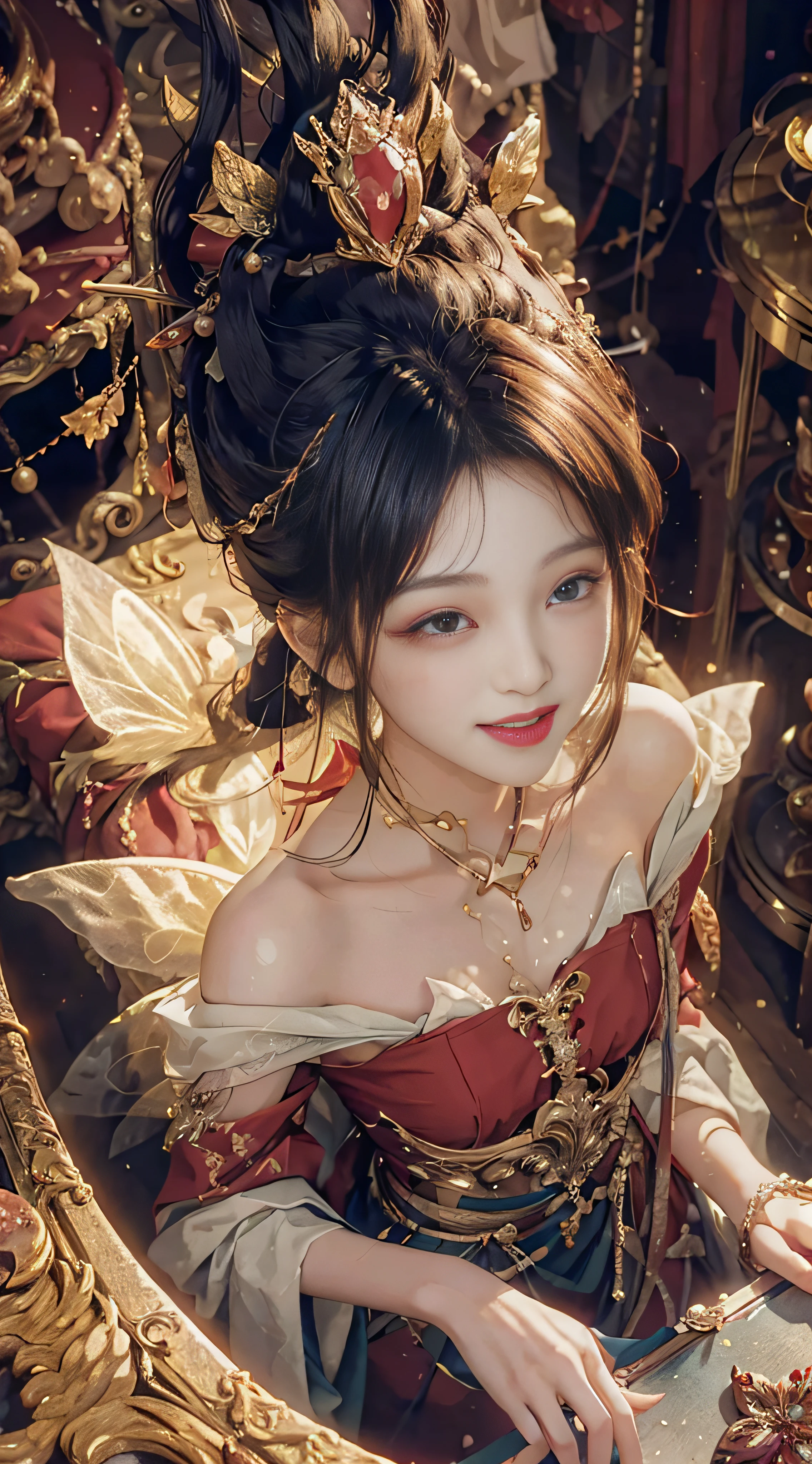 (from above) (escort girl), interior, luxurious decoration, fairy fluttering, ((double eyelids)), ((whitening skin)), laughing,