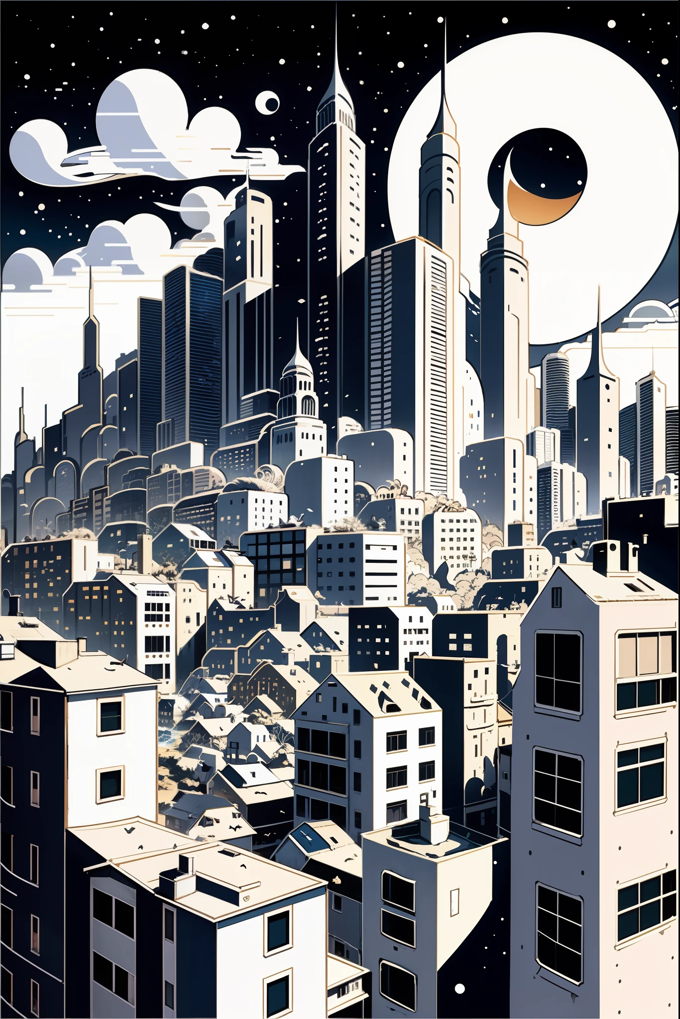 City agglomeration, skyline, beach, coastline, overlook, shock, scattered seabirds, anime style, poster