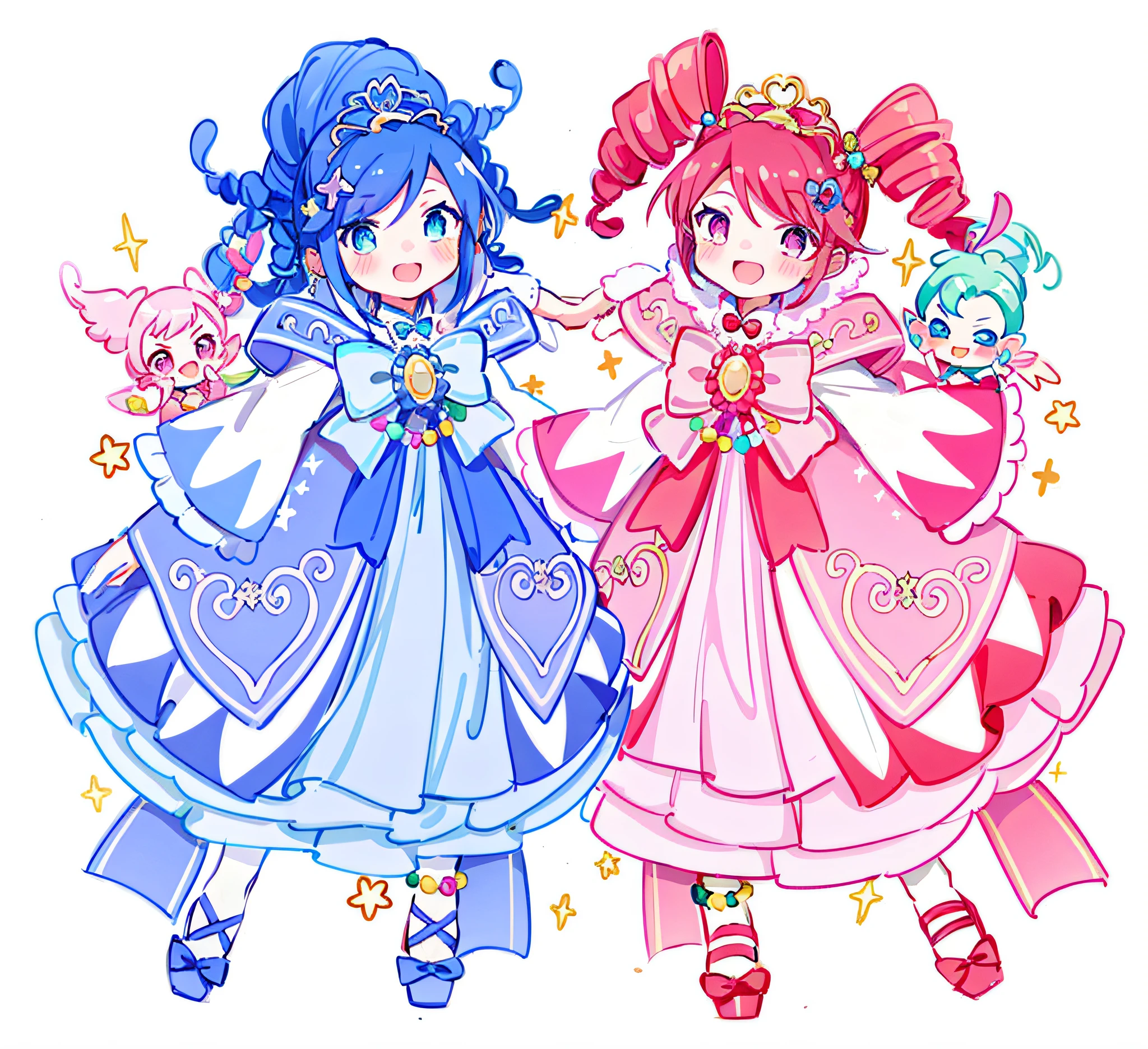 Two anime girls in pink and blue dresses, two girls holding hands, magic princess, magical girl style, magical girl, beautiful Gemini twins, cute web god, Fuschia and vermilion and cyan, portrait of magical anime beautiful girl, sparkling magical girl, Japanese anime