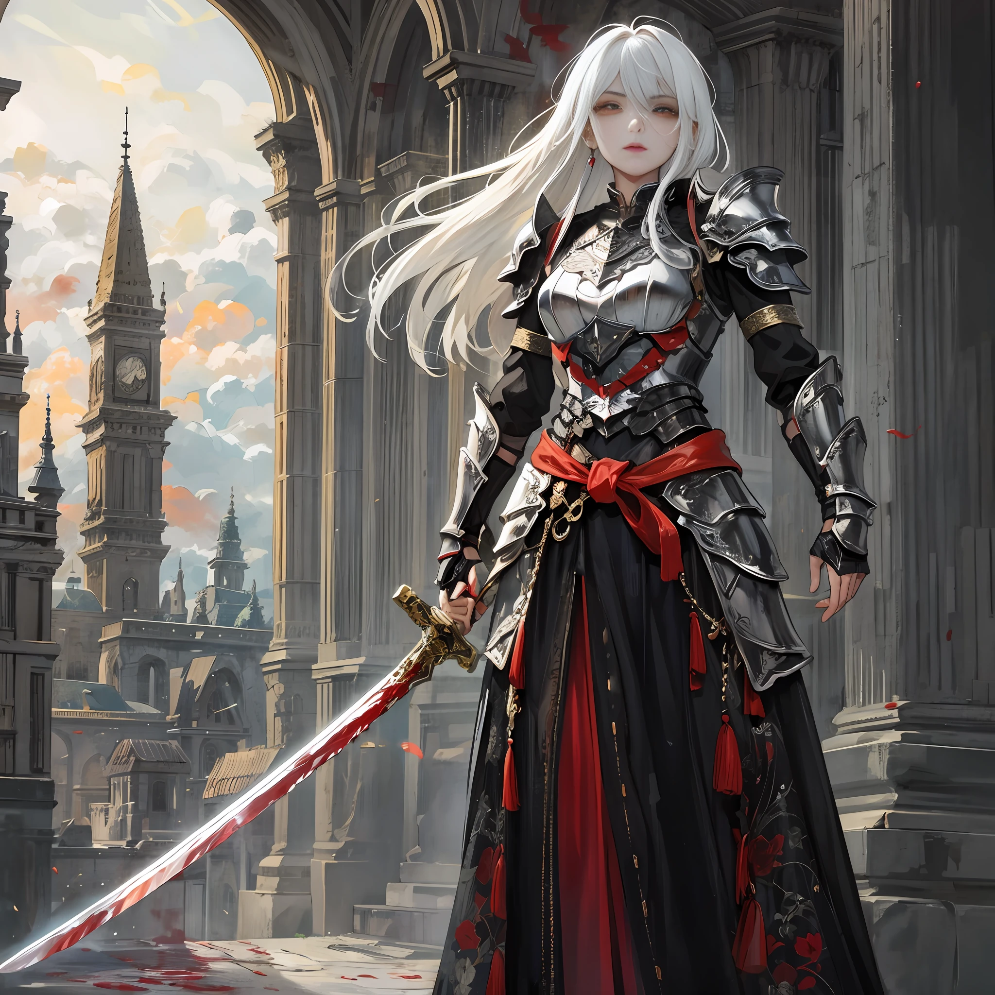 Baroque style, black armor, ornate patterns, dripping blood, stained blood
