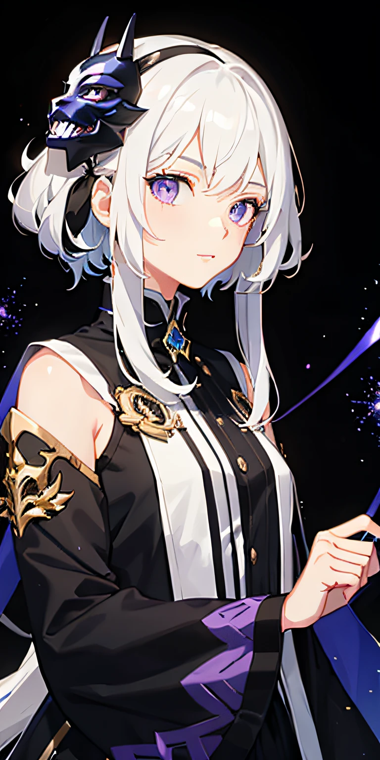 1girl, white hair, multicolored hair, purple eyes, mask on head, sidelighting, light particles, wallpaper,