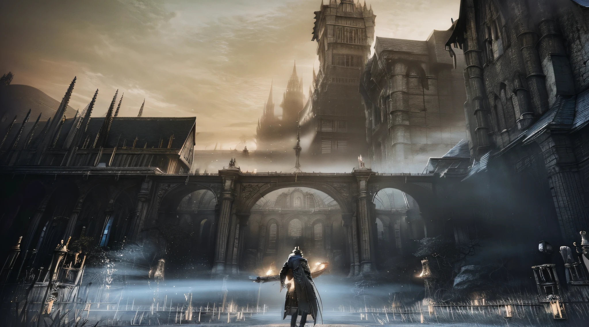 Bloodborne，masterpiece，best quality，high detail，hyper quality，high resolution，epic detail，8K，Unreal Engine，Backlighting，cinematic shot，Full Length Shot(FLS)，film photography， Illustration, an adult male, holding a long sword in his right hand, a scale in his left hand, a white robe, golden patterns, half-open and half-closed eyes, silver-white long hair, descending from the sky, stepping on clouds, and a pair of huge wings behind his back