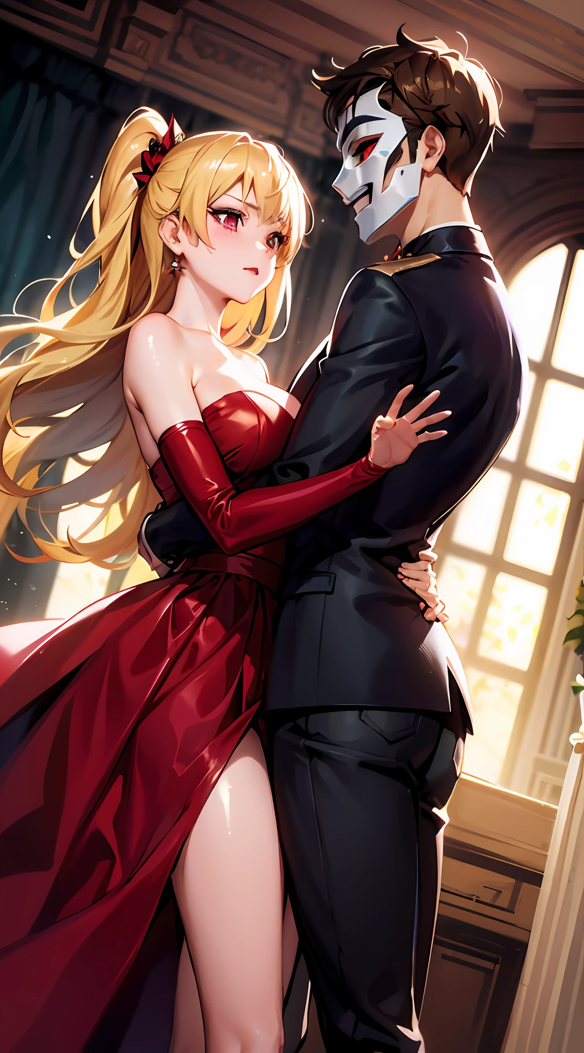 anime couple dressed in costumes hugging in a ballroom, wlop and sakimichan, range murata and artgerm, style artgerm, extremely detailed artgerm, artgerm and genzoman, style of artgerm, sakimichan and frank franzzeta, royal elegant pose, from girls frontline, ! dream artgerm