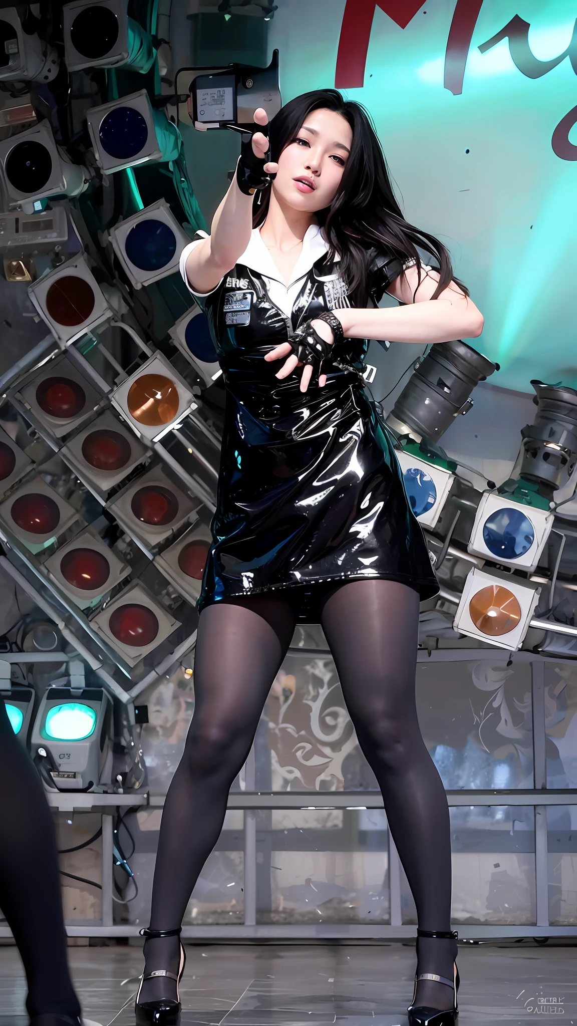 Araki woman in black dress and black tights performs on stage, wearing Atsuko Kudo latex costume, Sun Yoon-joo, on stage, Jia, acting, Chthonic, Kpop, Korean idol, Wanna.b girl group member Masami plays a supervillain, there is a slave in her crotch