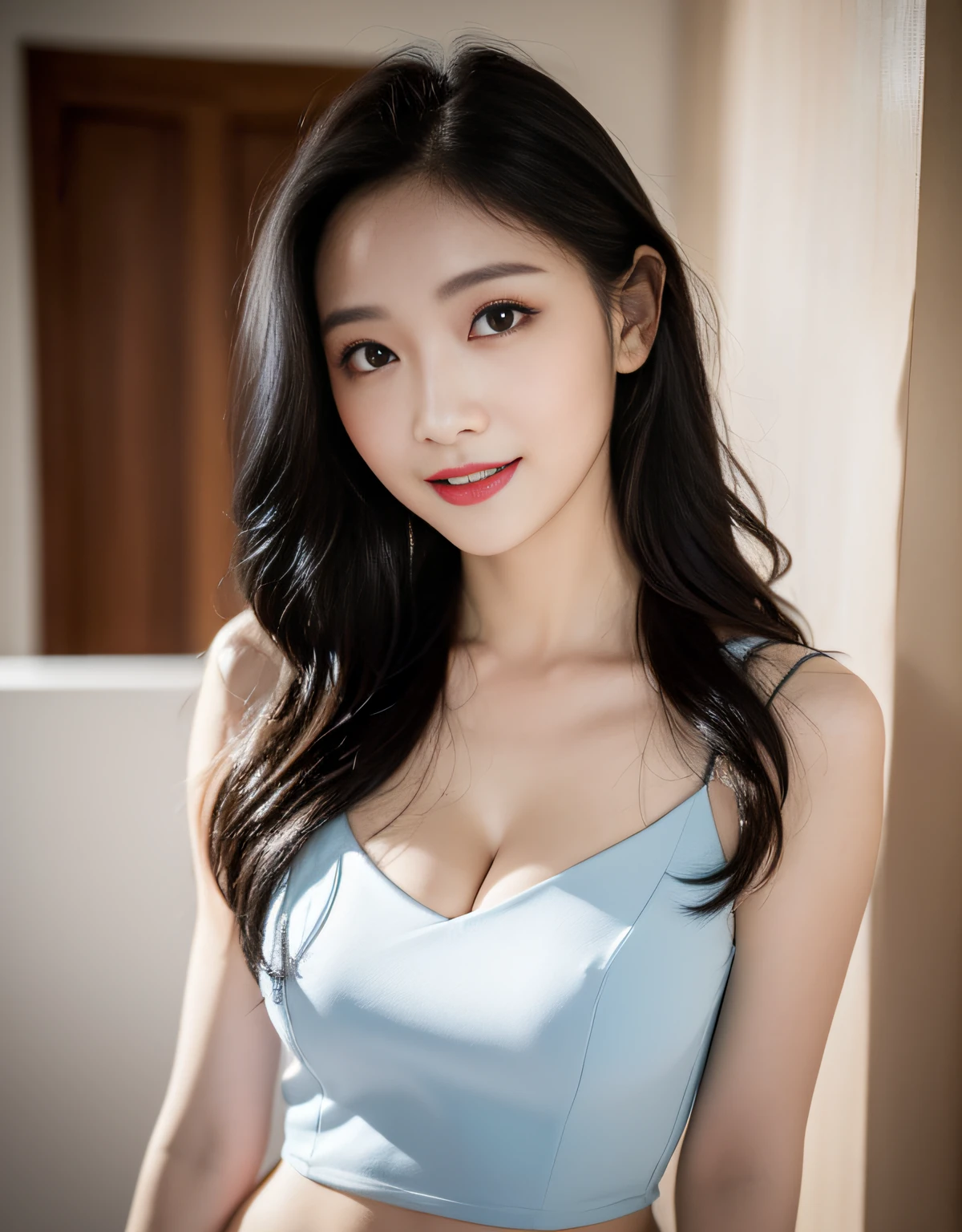 (8k, RAW photo:1.2),Top quality, Ultra high resolution, peeking breasts, big eyes, slender waist, lovely smile, 8k, very detailed face, delicate lips, delicate eyes, double eyelids, long black hair, black hair, 8k, nice terrace, lovely eyes, full body photo, sexy legs