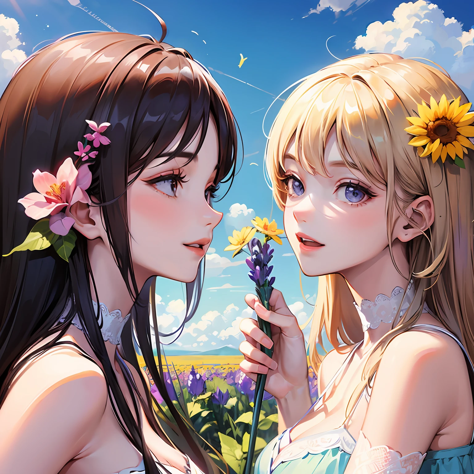 (Masterpiece, best quality), three girls playing in the field, smiling, fine facial features, cool, dressed conservatively, lavender, clouds, sun, clean blue sky, having fun, summer. --auto