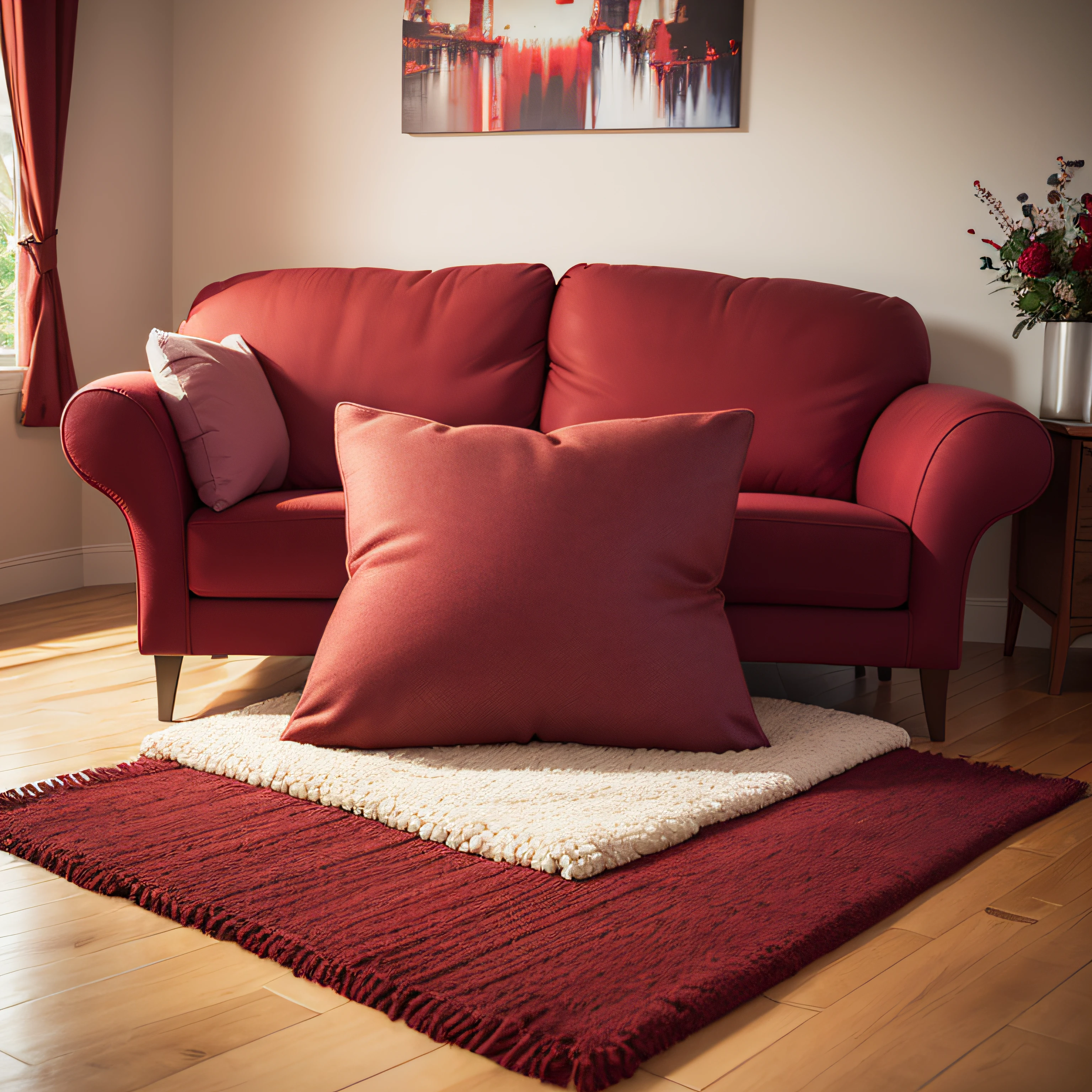 There is a pillow of red, red color, designed for cozy aesthetics, product introduction photo, highly detailed product photo, placed in a large living room --auto