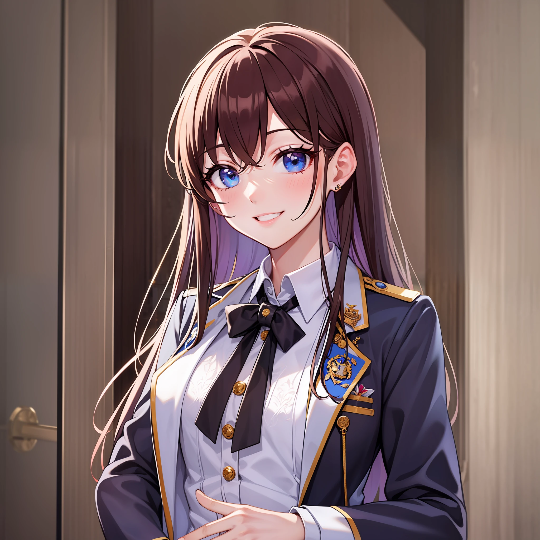 Blazer uniform, standing, 1 girl, 8k, white shirt, black jacket, High Quality, look at the viewer, smiling
