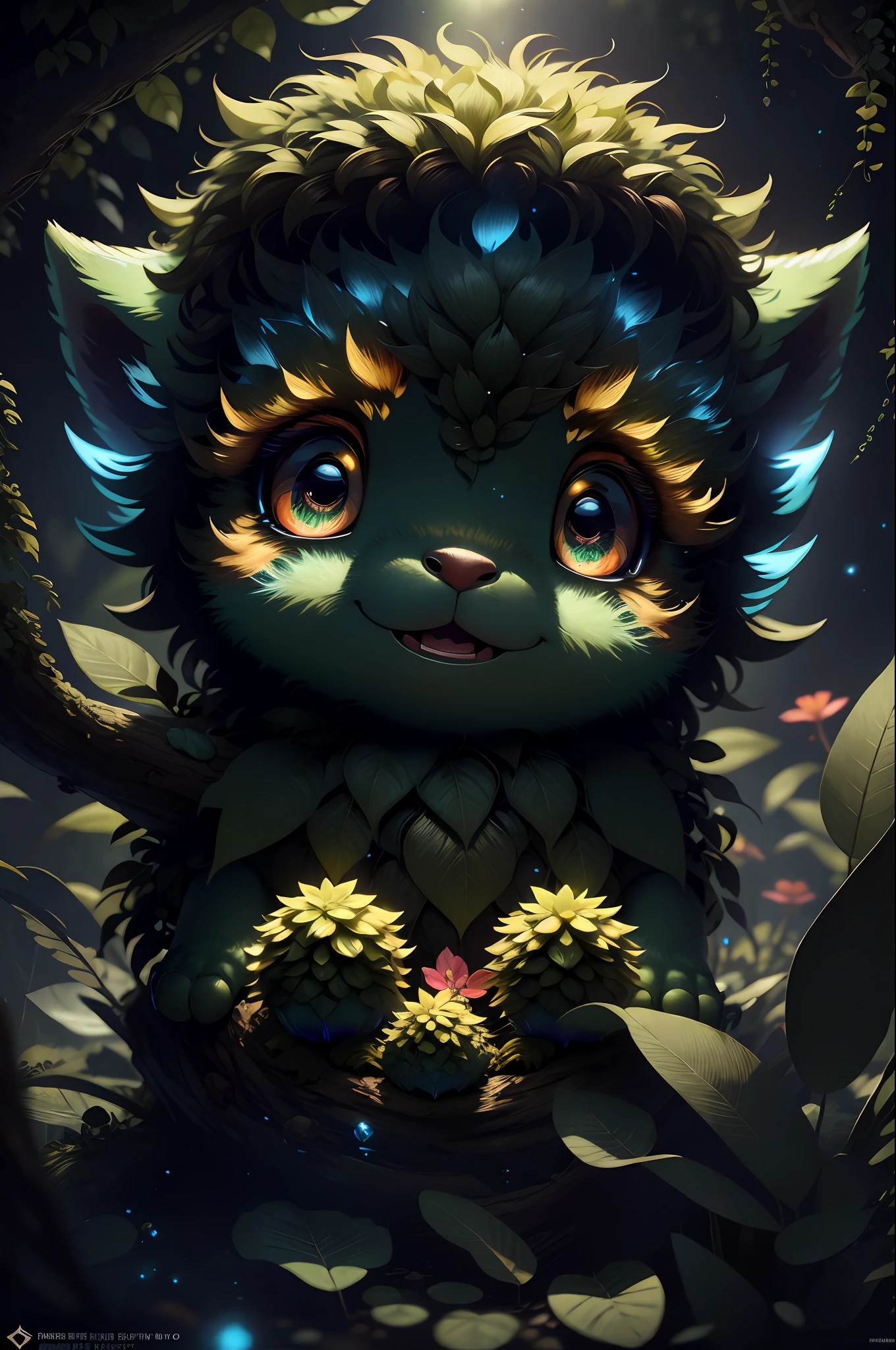 grainy, extremely detailed, intricate detail, dynamic lighting,photorealistic, ,filmg , natural lighting,   m0nst3rfy3, tiger cub, red glowing eyes, :P, (fluffy:1.2), glowing stripes, dark forest,dark theme, open mouth, lot of teeth, abyss in mouth,
