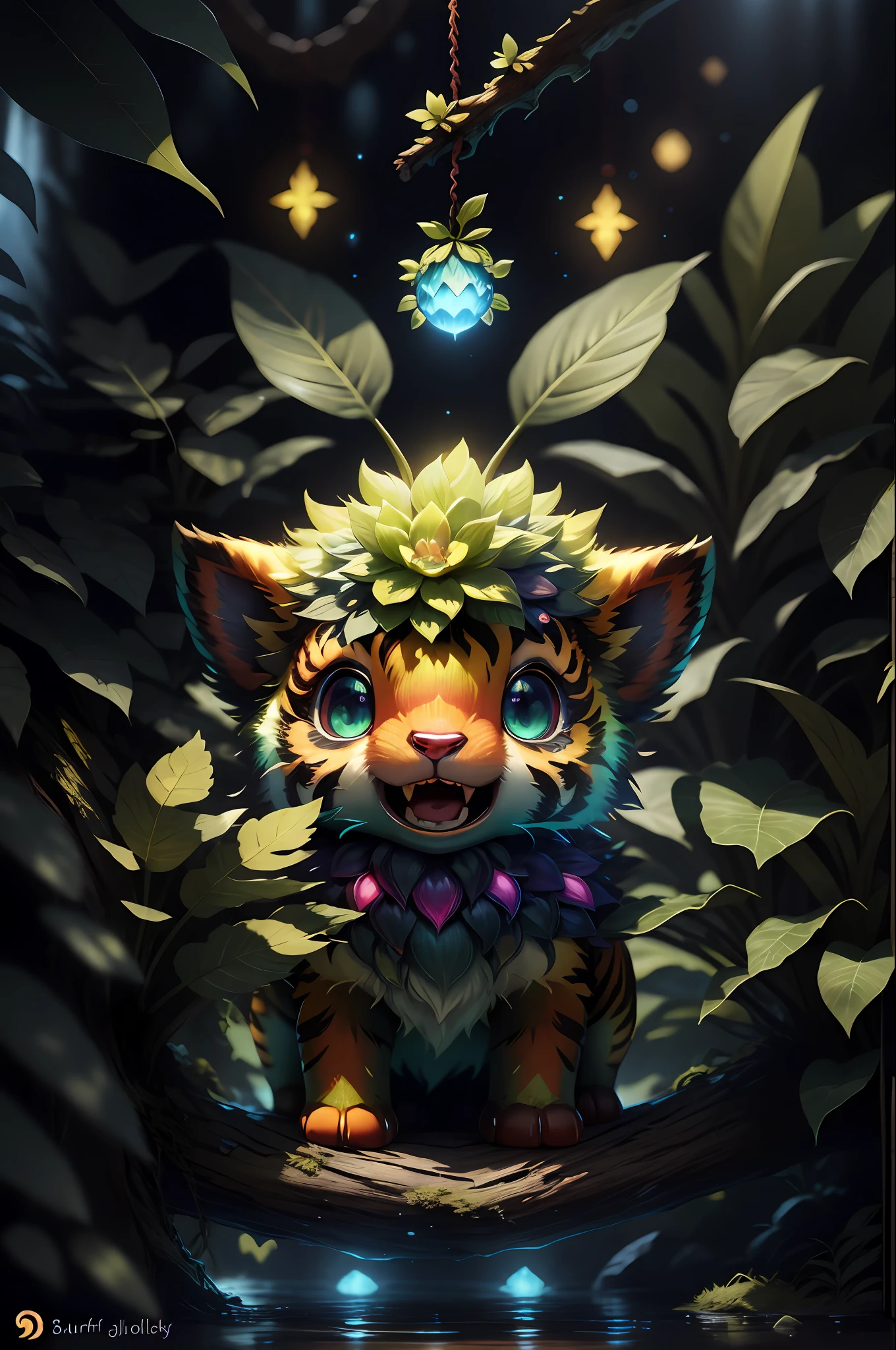 grainy, extremely detailed, intricate detail, dynamic lighting,photorealistic, ,filmg , natural lighting,   m0nst3rfy3, tiger cub, red glowing eyes, :P, (fluffy:1.2), glowing stripes, dark forest,dark theme, open mouth, lot of teeth, abyss in mouth,