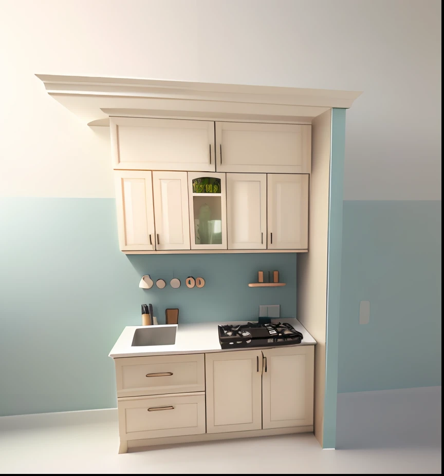 a rendering of a kitchen with a stove top oven and cabinets, sketch - up, rendered 3d model, 3d model, 3 d model, 3 d rendering, 3d rendering, small kitchen, 3d rendered, 3 d rendered, orthographic 3d rendering, 3d rendered model, modeled in 3 d, with 3 d render, with 3d render