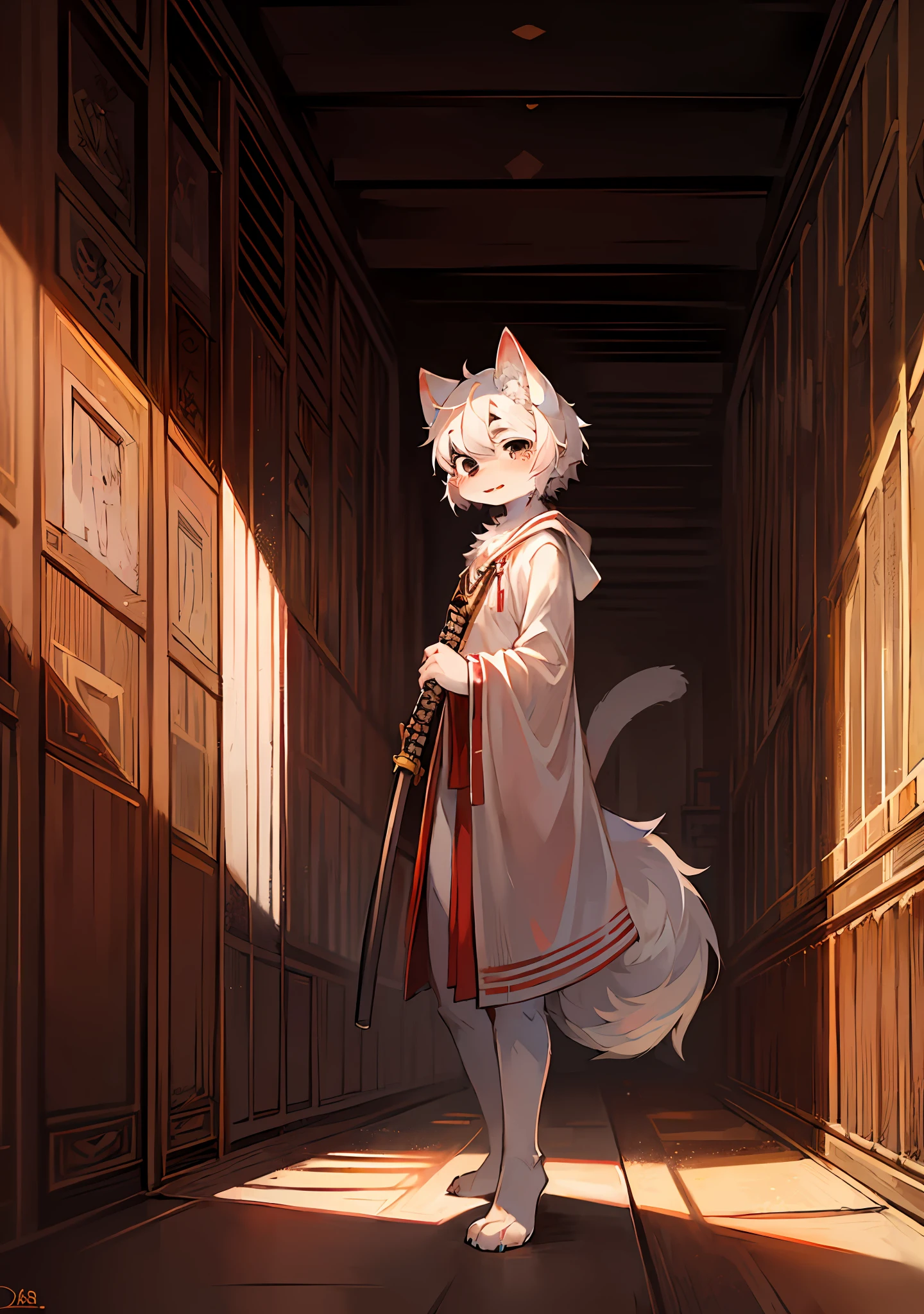 (Bright Environment: 0.8), Masterpiece, High Quality, Abstract Res, Digital Painting\(Artwork\), by Dagasi, Yupa, Kiyosan, (Anthro, Fluffy Fur, Character Focus: 1.1), Anthro Male Cat, Short Hair, Portrait , bright eyes, panorama, character focus. (Detailed background: 0.7), Furry, Furry male, Male focus, Anthr, (full body fur, fluffy tail, off-white fur, black eyes, long white hair: 1.2), (long canine, junior high school student, pure white robe: 1.2), (weapons room, bright interior, katana: 1.1)