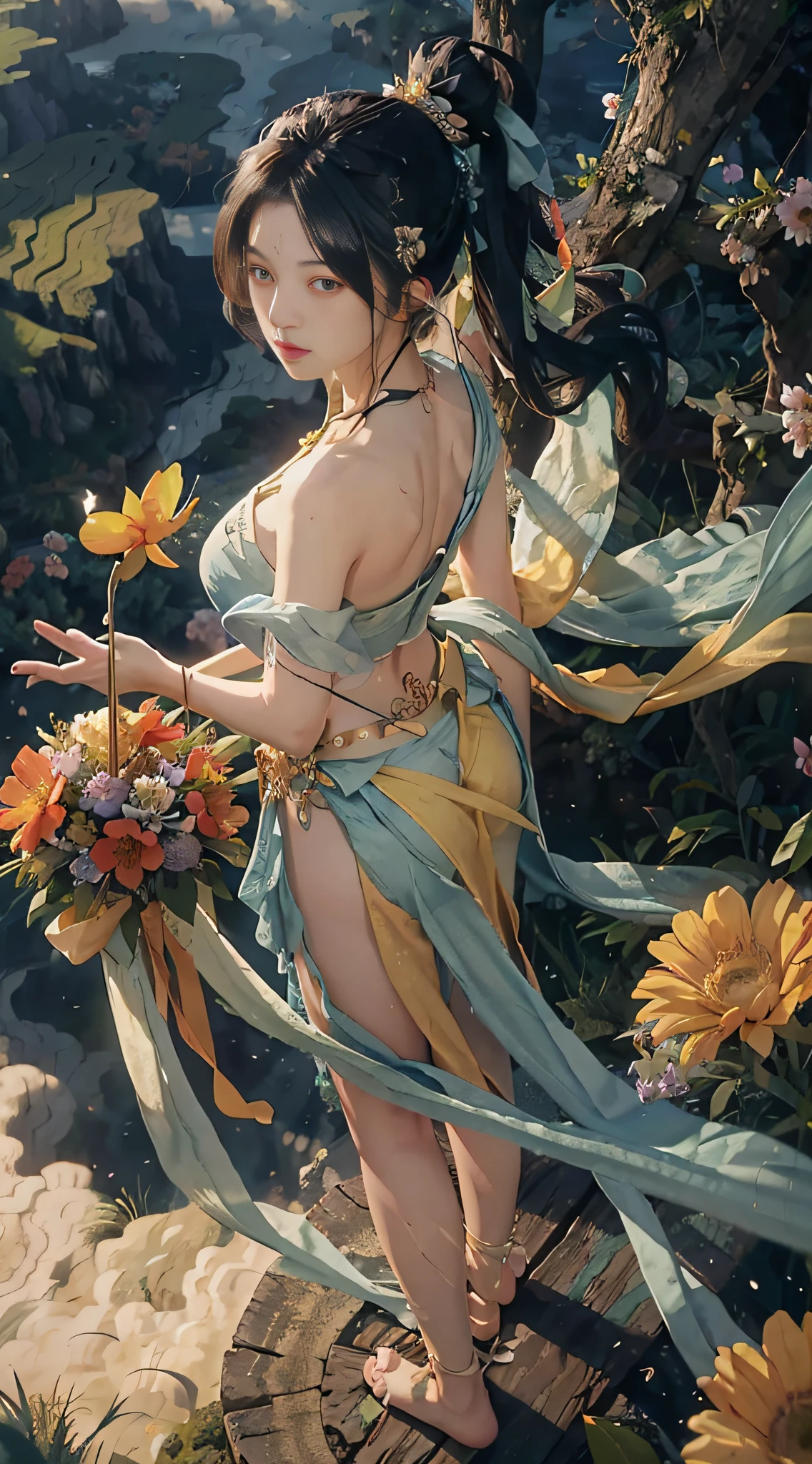(from above), (flower picker), big clouds, blue sky, rice fields, fairy air fluttering, in the tea tree field, bare shoulders, bare thighs, bare buttocks, leaky belly, leaky butt