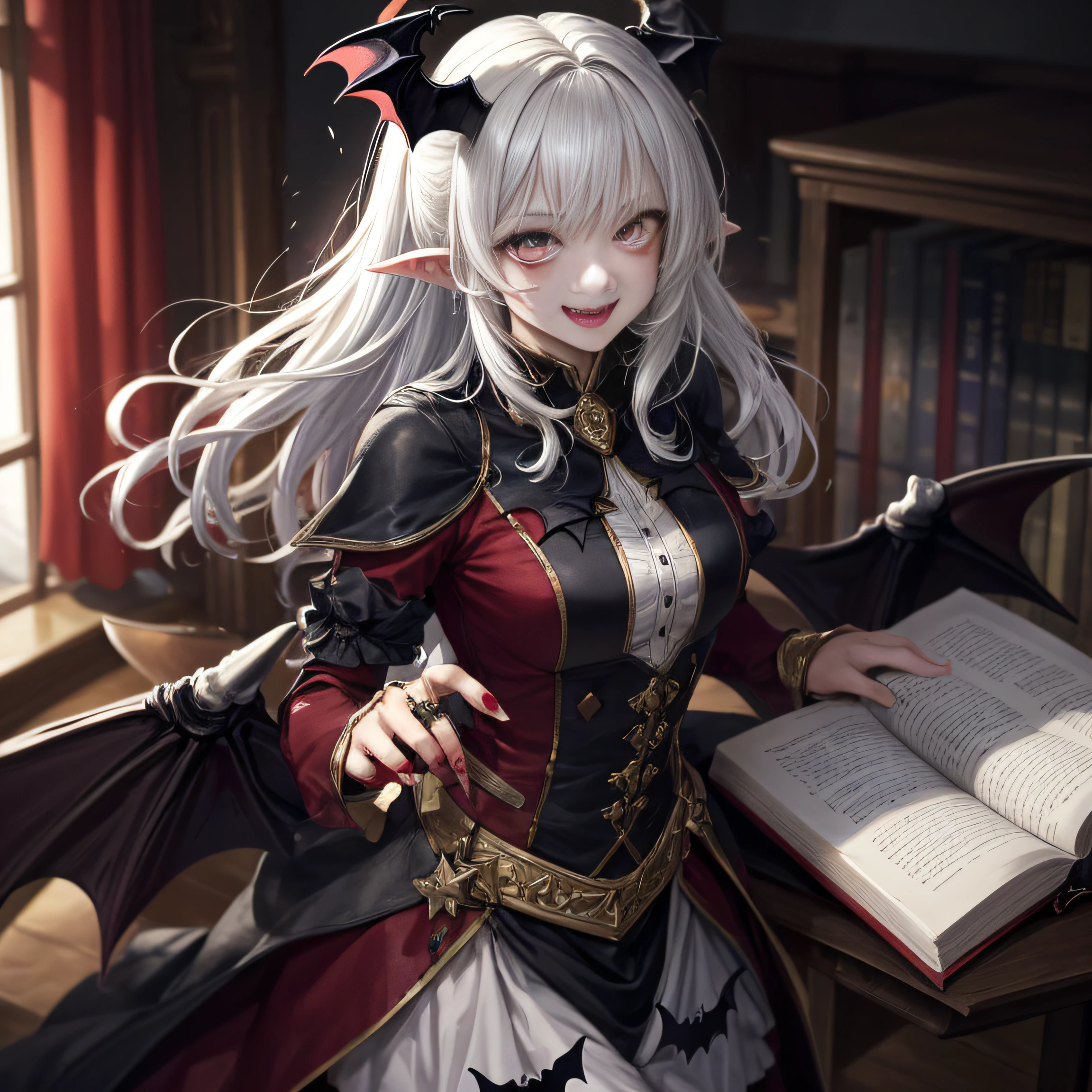(Masterpieces: 1.2, highest quality), (Best lighting, very delicate and beautiful), (Best lighting, very delicate and beautiful), (Beautiful Detailed Face), (Detailed Eyes and Detailed Faces: 1.2), Fantasy, Vampires, (Young Girl, Little Beast, 1girl, Solo, Crazy Smile, Pale Skin, White Hair, Red Glistening Eyes, Blood Tears, Blood dripping from Fangs, pointy_ears, Fangs, Bat Wings, Demon Horns, (blood on the face))), dynamic angle, dynamic pose, vampire vangs,vampire fangs), (bright classroom of middle school in background, crowd of classmates, friendly, smiling, peace, studying), (depth of field), (blood splash: 1.4), cowboy shot, full body,