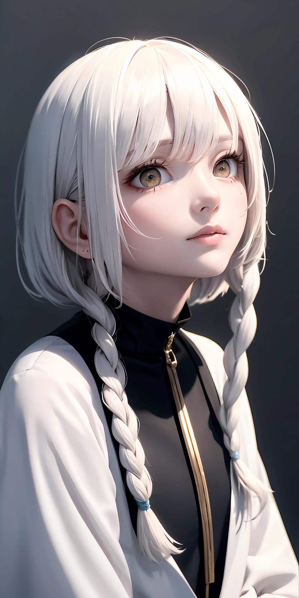 best quality, masterpiece,white hair, gold eyes,white clothes, looking up, upper body,hair strand,Fair skin,side braids