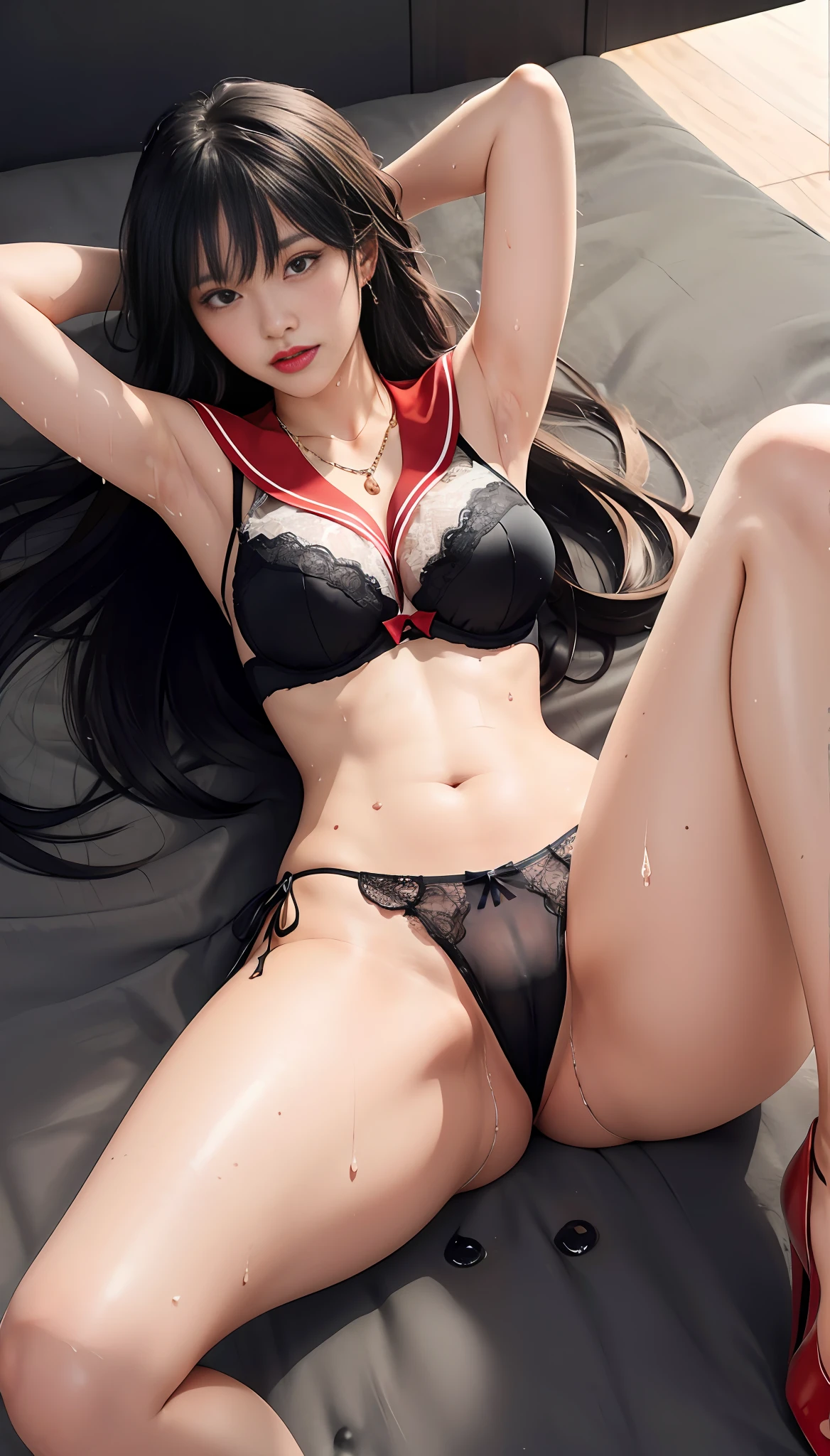 masterpiece, best quality, high resolution, 1 girl, solo, sailor mars, rei fireno, brunette girl, magical girl, black eyes, red skirt, , pleated skirt, mini skirt, necklace, red necklace, extra long hair, jewelry, earrings, lying in bed with legs apart, hands behind head, camel toes, red panties, red high heels, busty camel toes, black lace panties, long legs, transparent lingerie panties, perfect figure, black knee-length stockings, wet body, sweaty profuse, water on inner thighs, openwork panties, red transparent bra, sweaty all over the body, no top, wet legs, very small panties