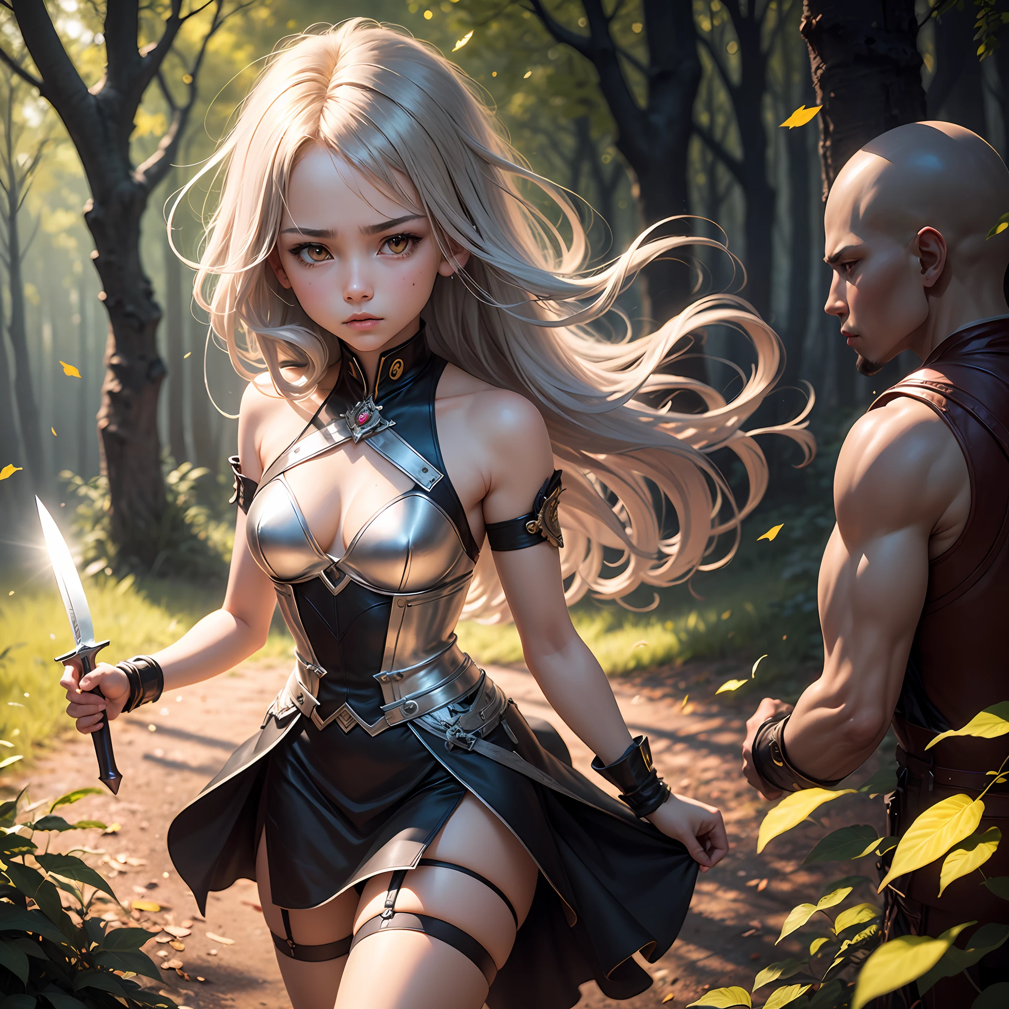 High quality realistic Anime style, high definition high quality realistic, shaded, photorealism, Ray tracing, 8k, uhd, masterpiece, beautiful young girl,, small body, around  yo, battle dress with a few metal ornaments , shining silver middle sized hair, yellow eyes glowing, magical light from the eyes, battle dress with metal details , short dress, garter belt , cold and emotionless expression, fighting pose holding a knife lowered legs, in a Forrest, magical lights, magical illumination, a lot of leafs falling, the center figure with an magical aura --auto