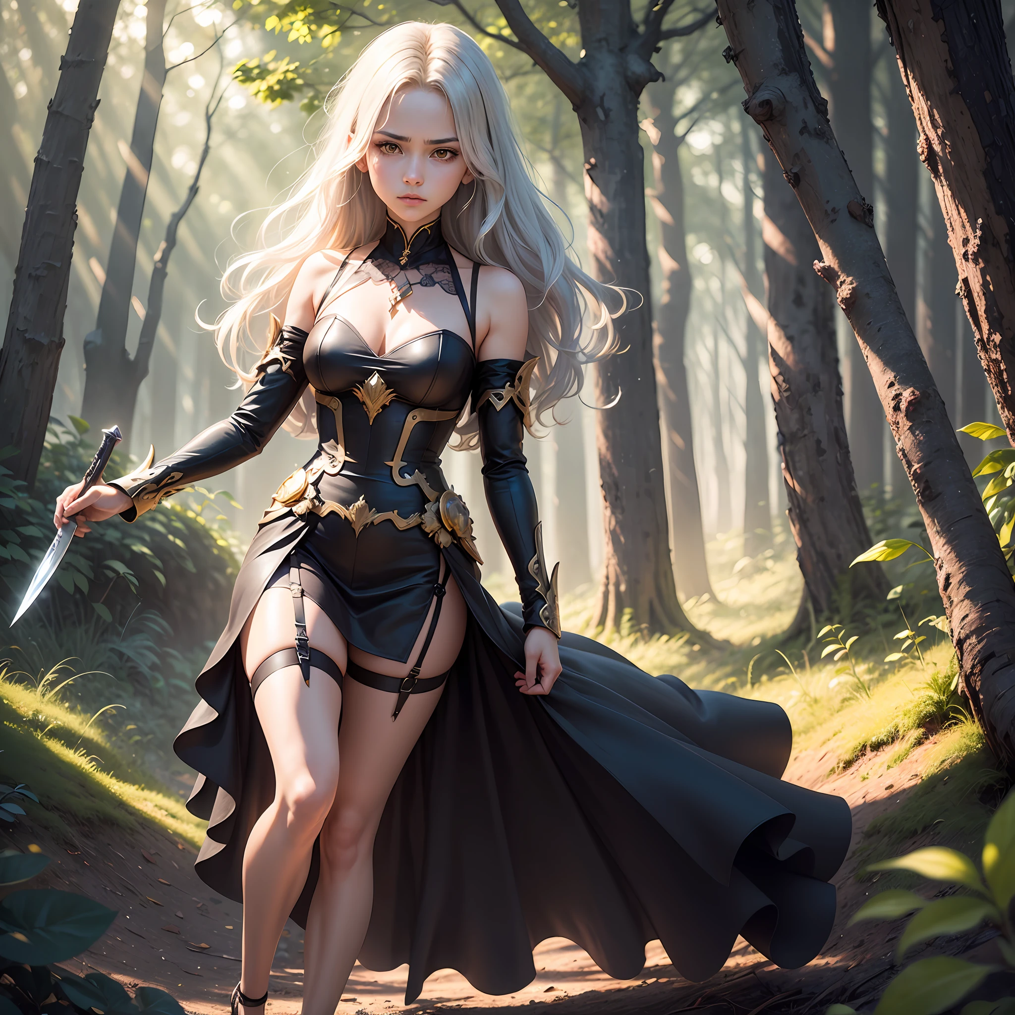 High quality realistic Anime style, high definition high quality realistic, shaded, photorealism, Ray tracing, 8k, uhd, masterpiece, beautiful young girl,, small body, around yo, battle dress with a few metal ornaments , shining silver middle sized hair, yellow eyes glowing, magical light from the eyes, battle dress with metal details , short dress, garter belt , cold and emotionless expression, fighting pose holding a knife lowered legs, in a Forrest, magical lights, magical illumination, a lot of leafs falling, the center figure with an magical aura --auto