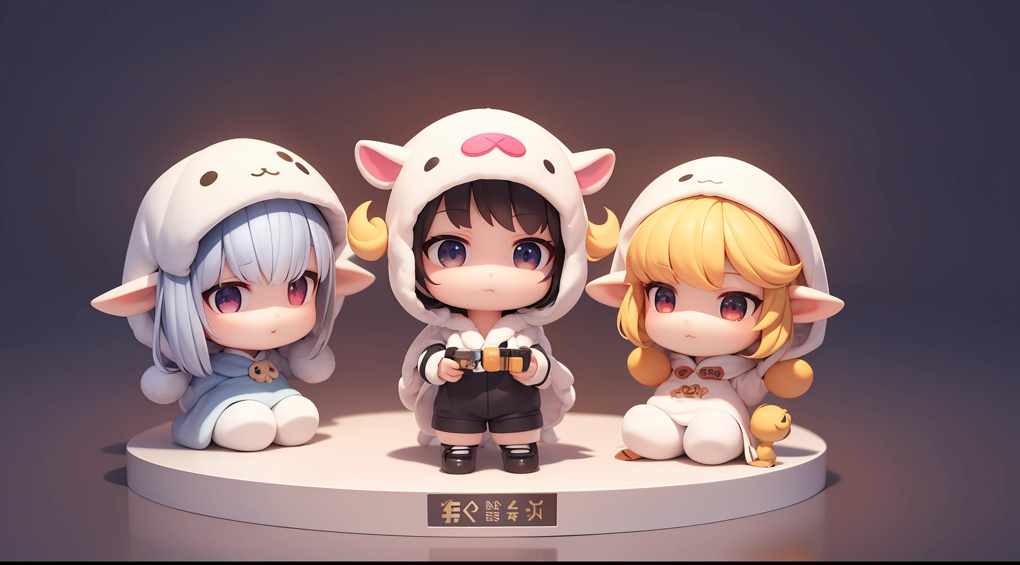 PopMart blind box IP, Chinese zodiac, super cute girl wearing sheep hoodie , technological elements, fashionable clothes, streamlined 3D/C4D production: 8K HD picture quality/lighting/ultra-fine lens depiction 1.5, flawless, chibi background/cinematic sense.