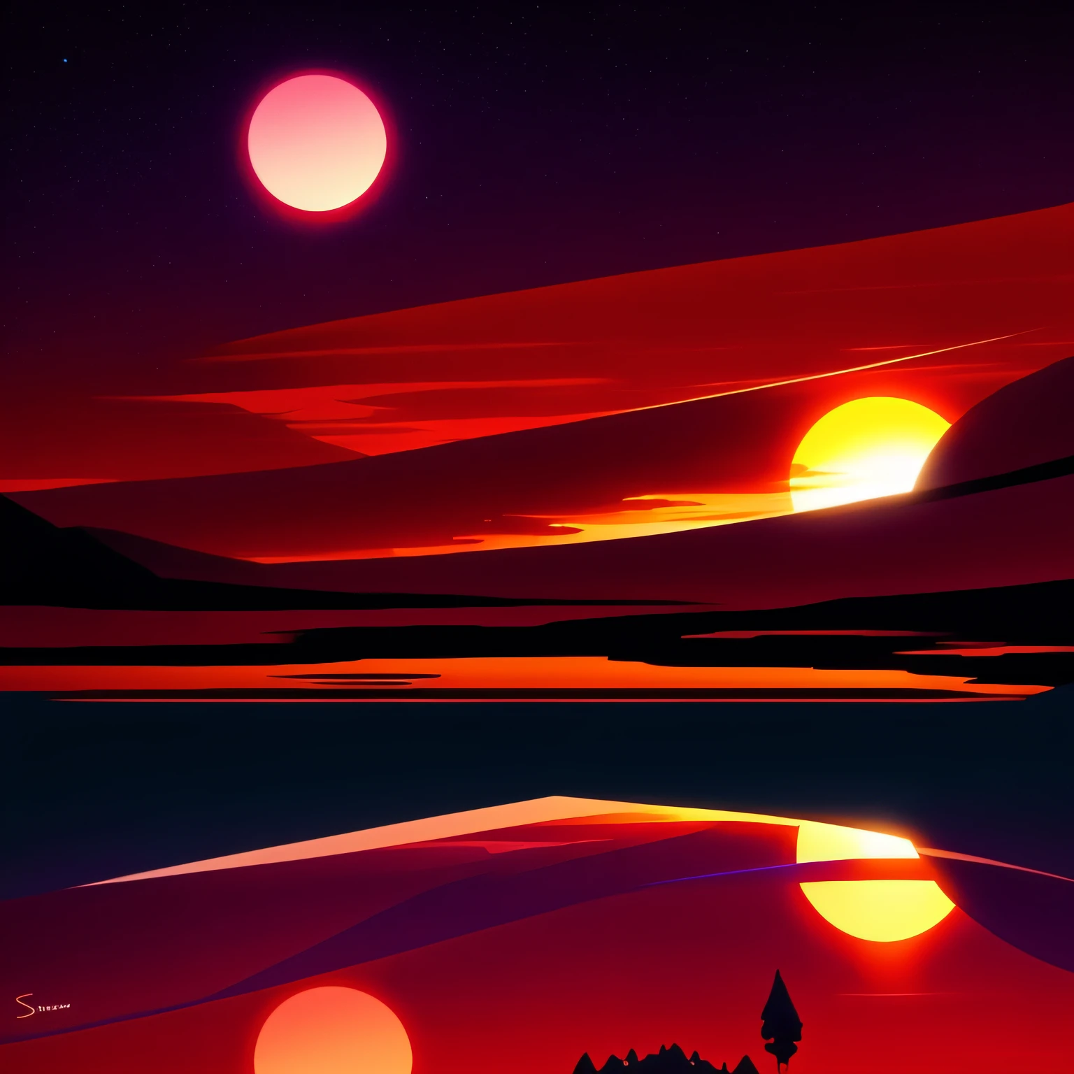 brightly colored sunset with a star shining over a mountain, inspired by sylvain sarrailh, inspired by Christopher Balaskas, jen bartel, sunbeams. digital illustration, beeple and tim hildebrandt, by sylvain sarrailh, kilian eng vibrant colours, kilian eng vibrant colors, bastien grivet, glowing lights! digital painting