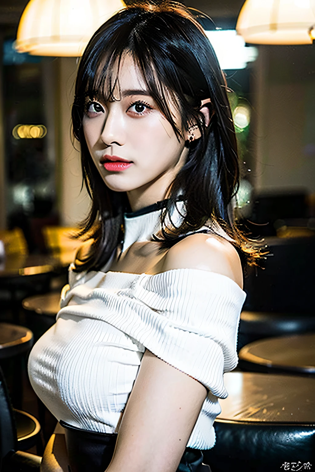 best quality, ultra high res, (photorealistic:1.4), 1girl, off-shoulder white shirt, black tight skirt, black choker, (faded ash gray hair:1), (huge breasts:1.2), looking at viewer, closeup ,