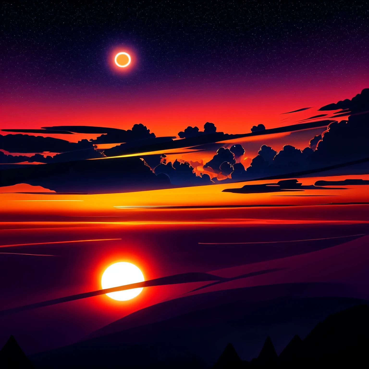 brightly colored sunset with a star shining over a mountain, inspired by sylvain sarrailh, inspired by Christopher Balaskas, jen bartel, sunbeams. digital illustration, beeple and tim hildebrandt, by sylvain sarrailh, kilian eng vibrant colours, kilian eng vibrant colors, bastien grivet, glowing lights! digital painting