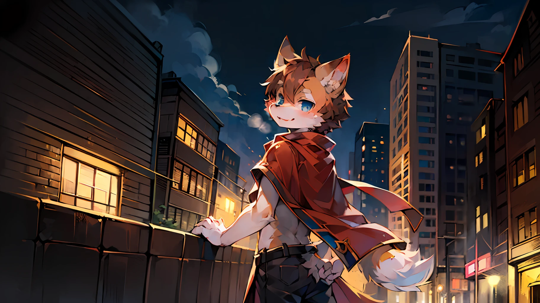 (Dark Environment: 0.8), Masterpiece, High Quality, Abstract Res, Digital Painting\(artwork\), by Dagasi, Yupa, Kiyosan, (Anthro, Fluffy Fur, Character Focus: 1.1), Anthro Male Cat, Short Hair, Portrait,bright eyes, panorama, character focus. (Detailed background: 0.7), Solo, Furry, Furry male, back, super cute face, looking into the distance, male focus, anthr, (full body fur, fluffy tail, white fur, blue eyes, brown hair: 1.1), (canine, integrity, cheerful, magician, cape: 1.2), (exterior, daytime, building: 2.0)