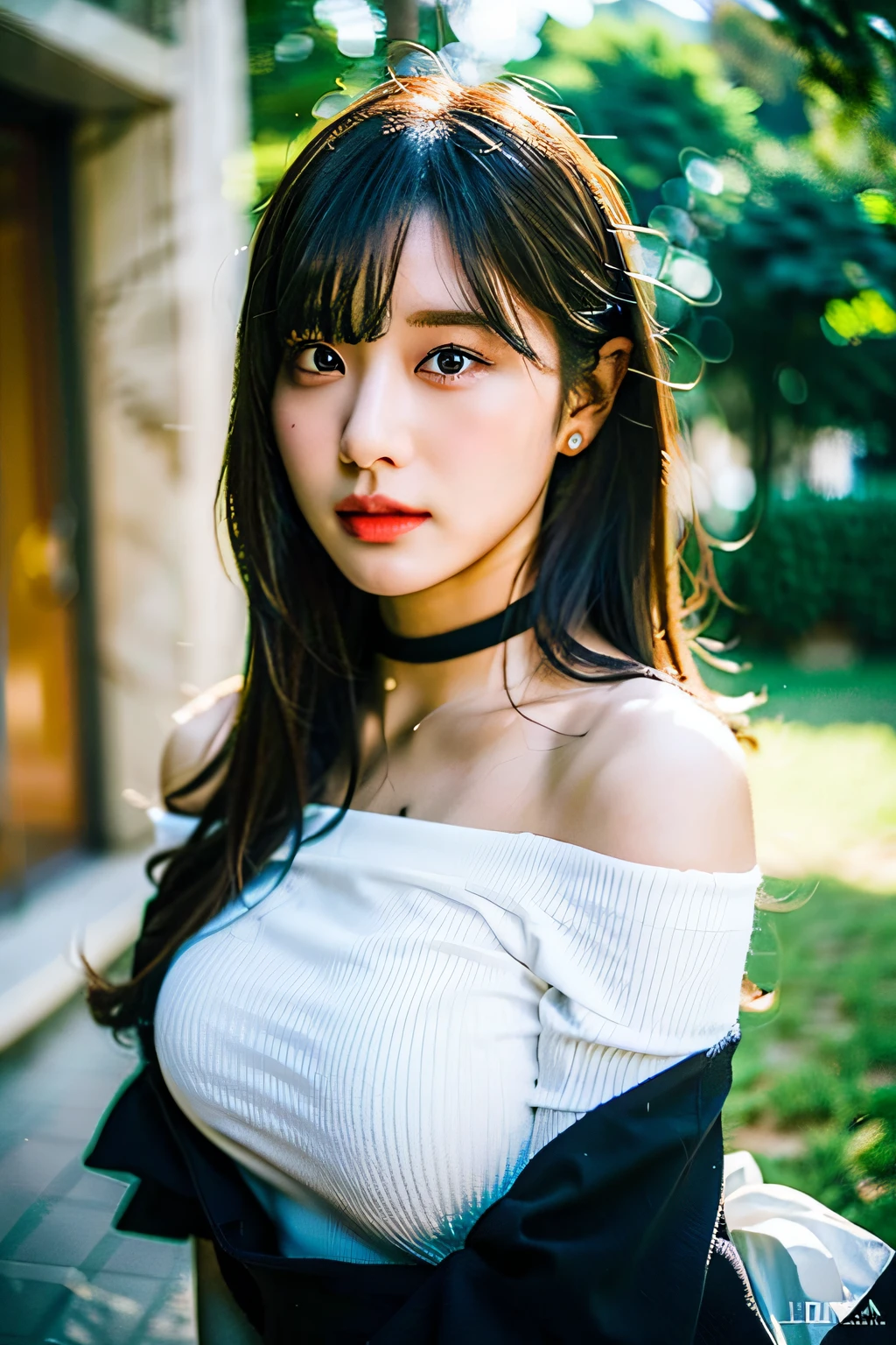 best quality, ultra high res, (photorealistic:1.4), 1girl, off-shoulder white shirt, black tight skirt, black choker, (faded ash gray hair:1), (huge breasts:1.2), looking at viewer, closeup ,