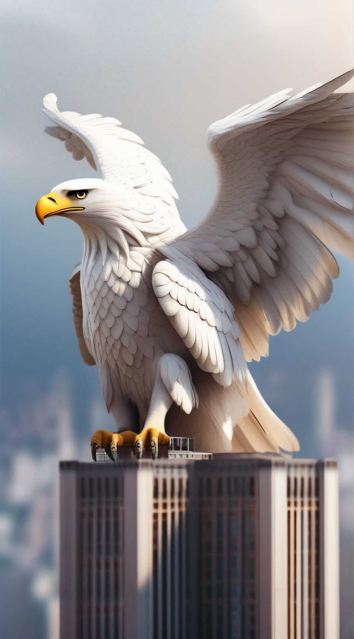 A huge white eagle, on a towering building, ready to spread its wings and fly high, majestic wings, beautiful eagle head, perfect beak, perfect eagle claw, super detail, super realistic, 8K, super high resolution,
