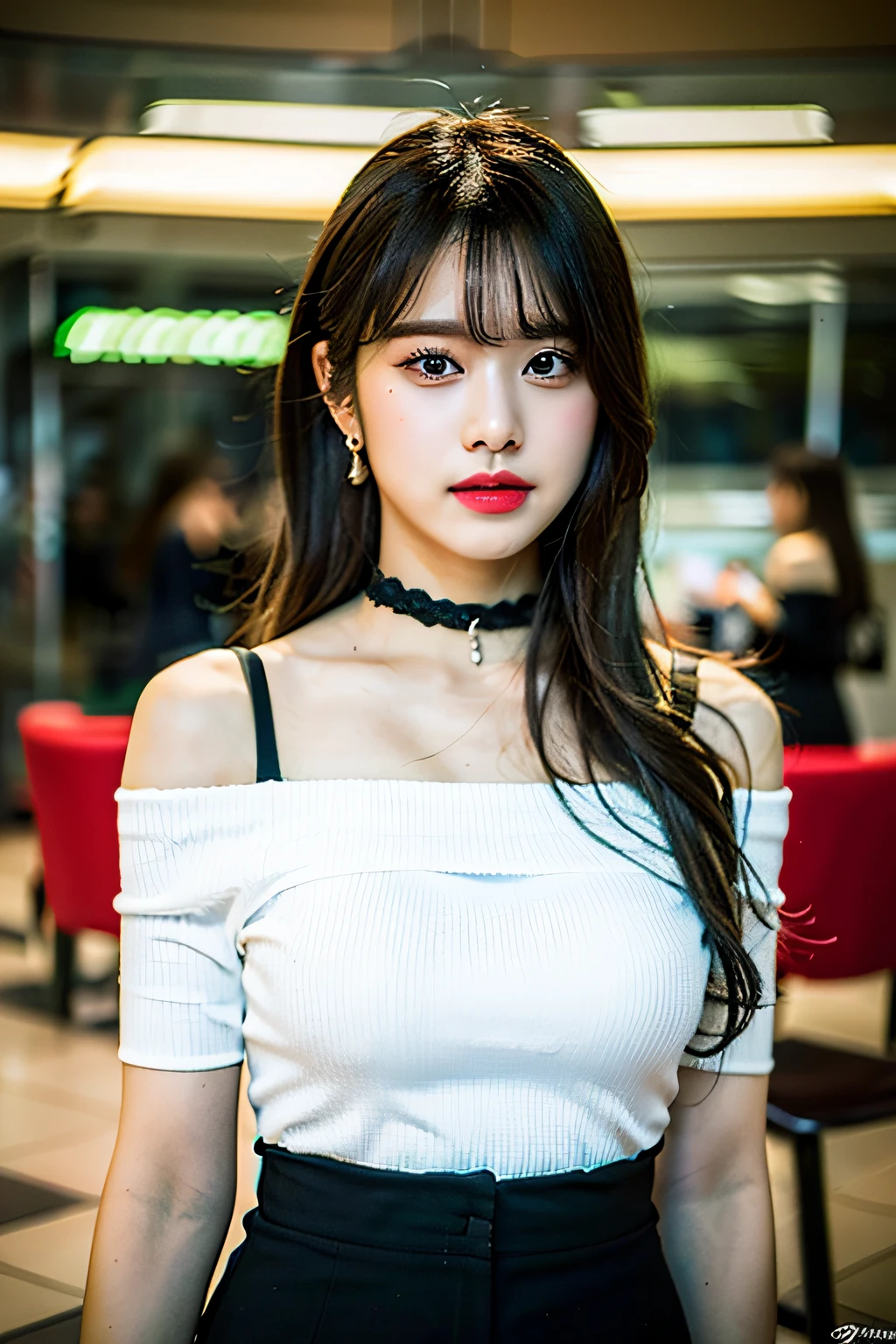 best quality, ultra high res, (photorealistic:1.4), 1girl, off-shoulder white shirt, black tight skirt, black choker, (faded ash gray hair:1), (huge breasts:1.2), looking at viewer, closeup ,