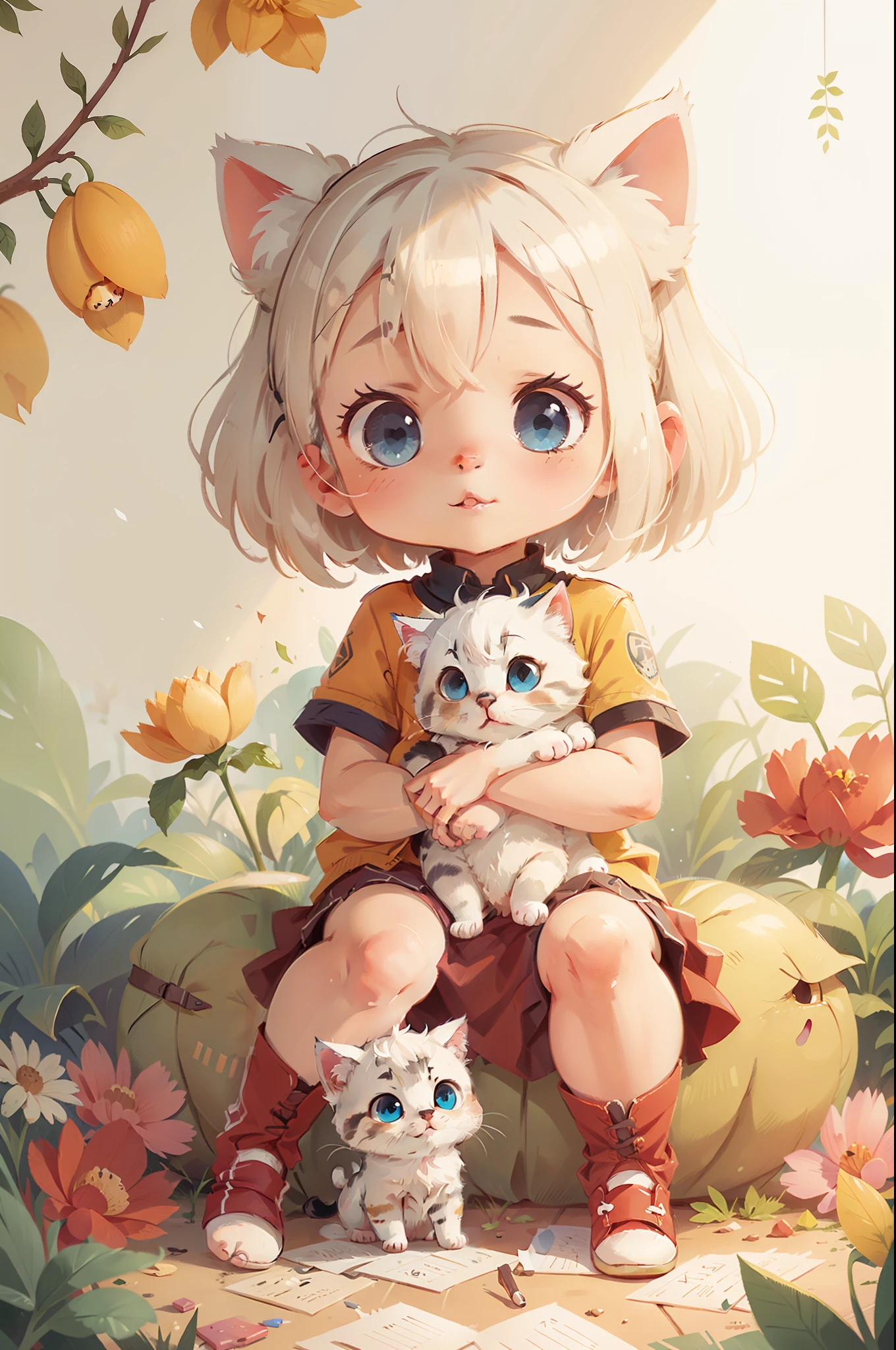 A kitten, white hair, cute, chibi, blue eyes