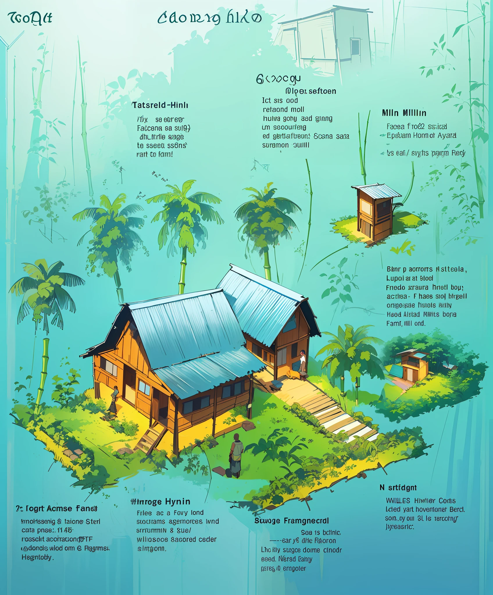 a diagram of a house with a lot of different types of trees, permaculture, an illustration of, longhouse, jungle setting, illustration”, farm, ecovillage, diagram, cut-away, organic buildings, an illustration, detailed illustration, drawn image, historical image, by Willard Mullin, bamboo huts, kerala village, ( ( illustration