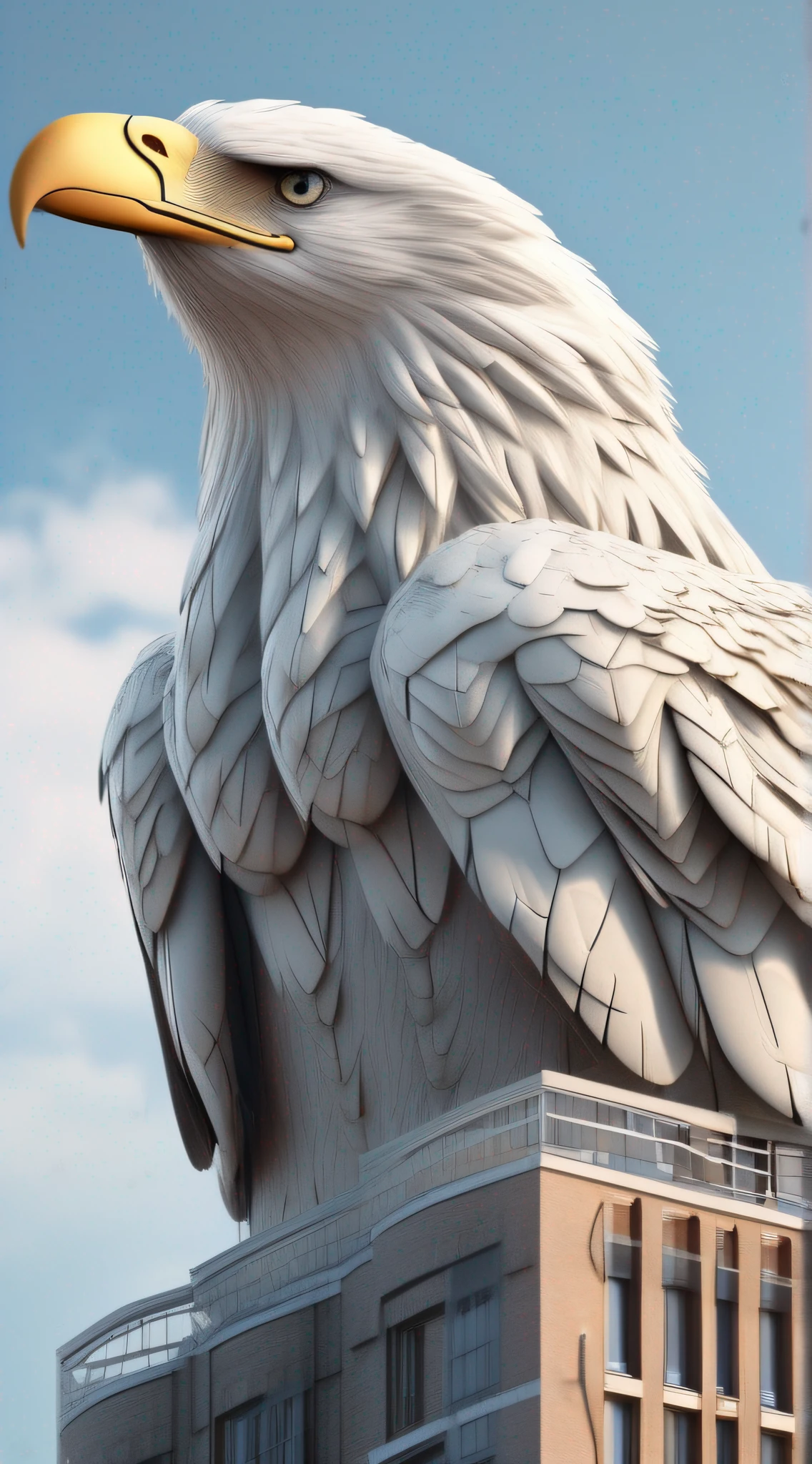 A huge white eagle, on a towering building, ready to spread its wings and fly high, majestic wings, beautiful eagle head, perfect beak, perfect eagle claw, super detail, super realistic, 8K, super high resolution,