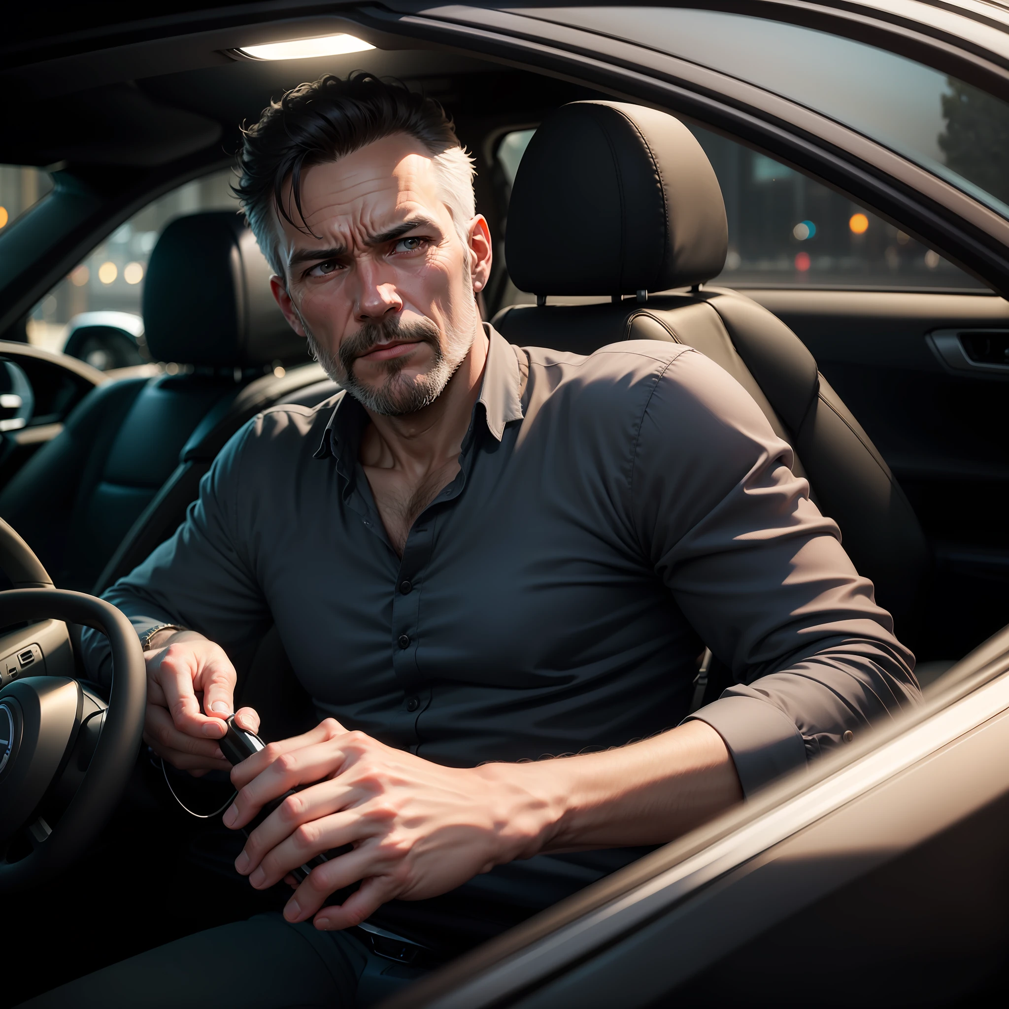 ultra realistic image of an ordinary man in his mid-40s bearded, very thin, wearing a black blouse, driving a car at night, expression of suffering and