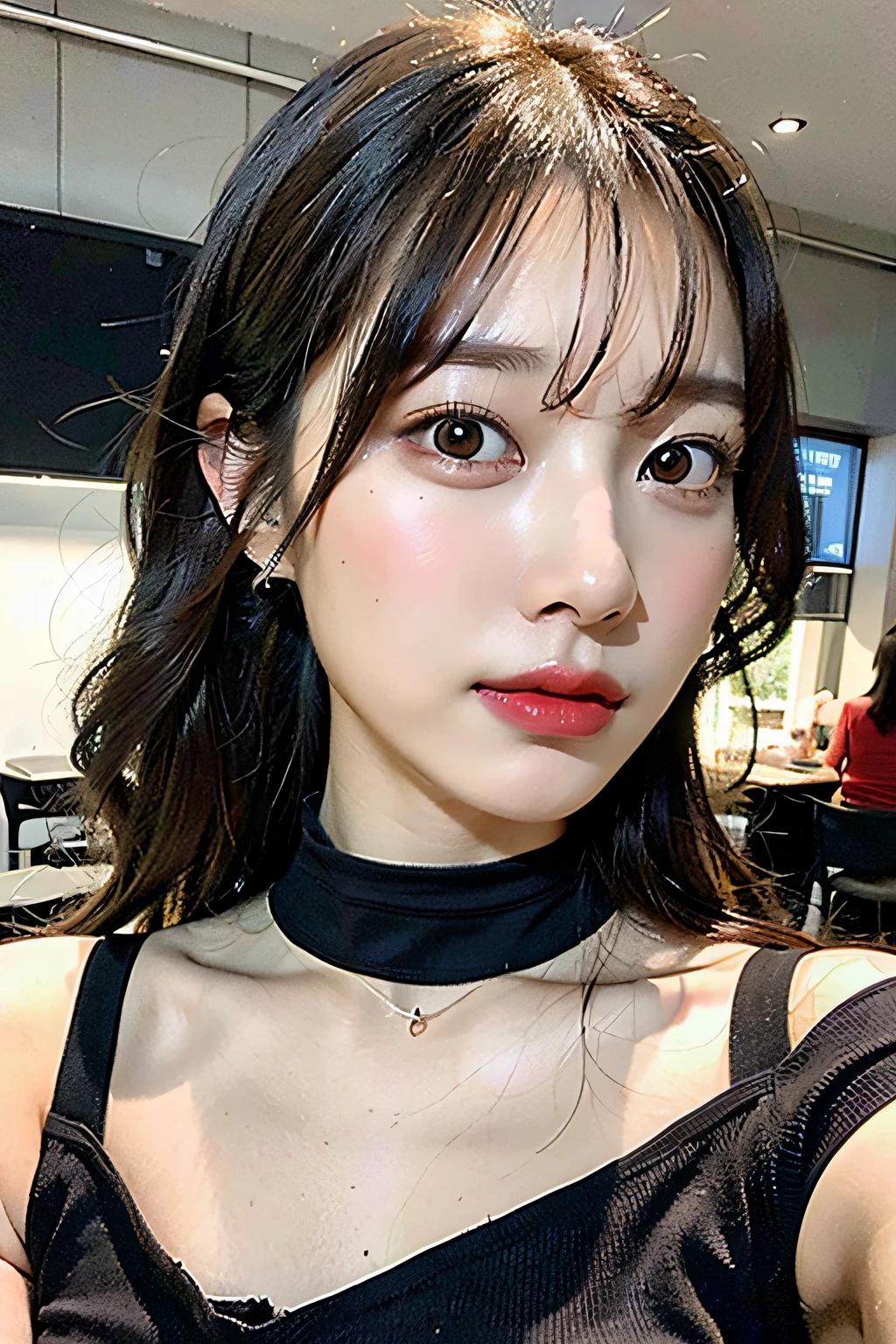 best quality, ultra high res, (((Very detailed face)))), ((Very detailed eyes and face)))), Beautiful detail eyes, (photorealistic:1.4), 1girl, off-shoulder white shirt, black tight skirt, black choker, (faded ash gray hair:1), (huge breasts:1.2), looking at viewer, closeup ,