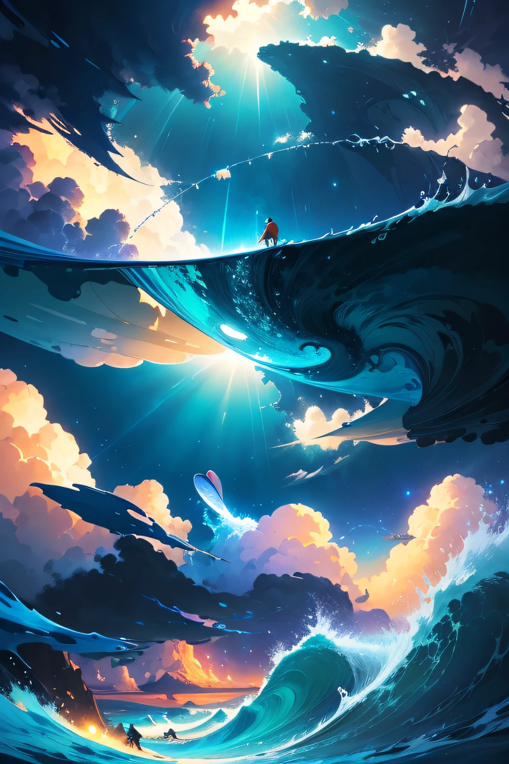 surfers in the ocean with their boards under the clouds, concept art | rhads, rob rey and kentaro miura style, inspired by RHADS, makoto shinkai cyril rolando, cosmic skies. by makoto shinkai, ross tran. scenic background, blue sea. by makoto shinkai, cyril rolando and goro fujita, rhads!