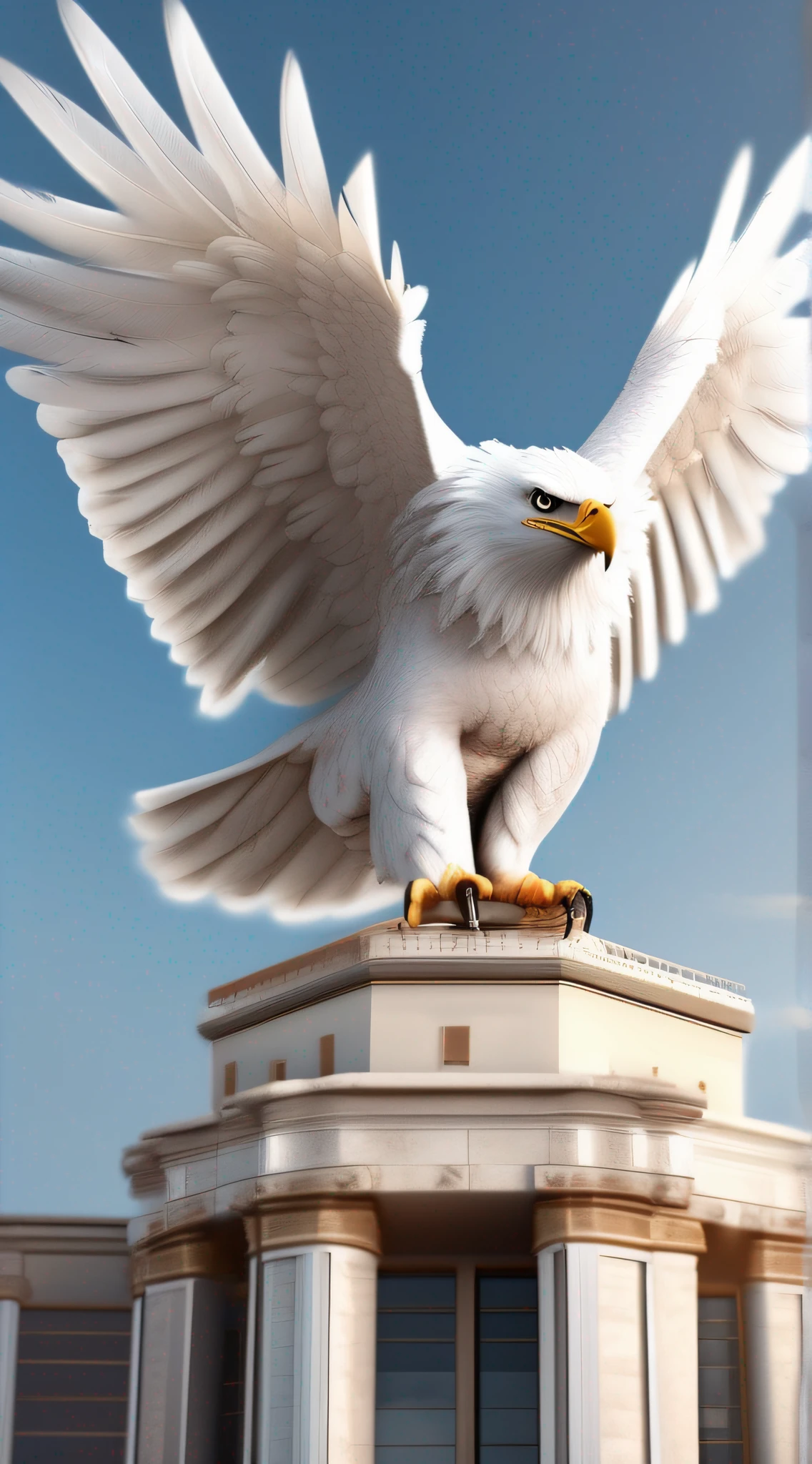 A huge white eagle, on a towering building, ready to spread its wings and fly high, majestic wings, beautiful eagle head, perfect beak, perfect eagle claw, super detail, super realistic, 8K, super high resolution,